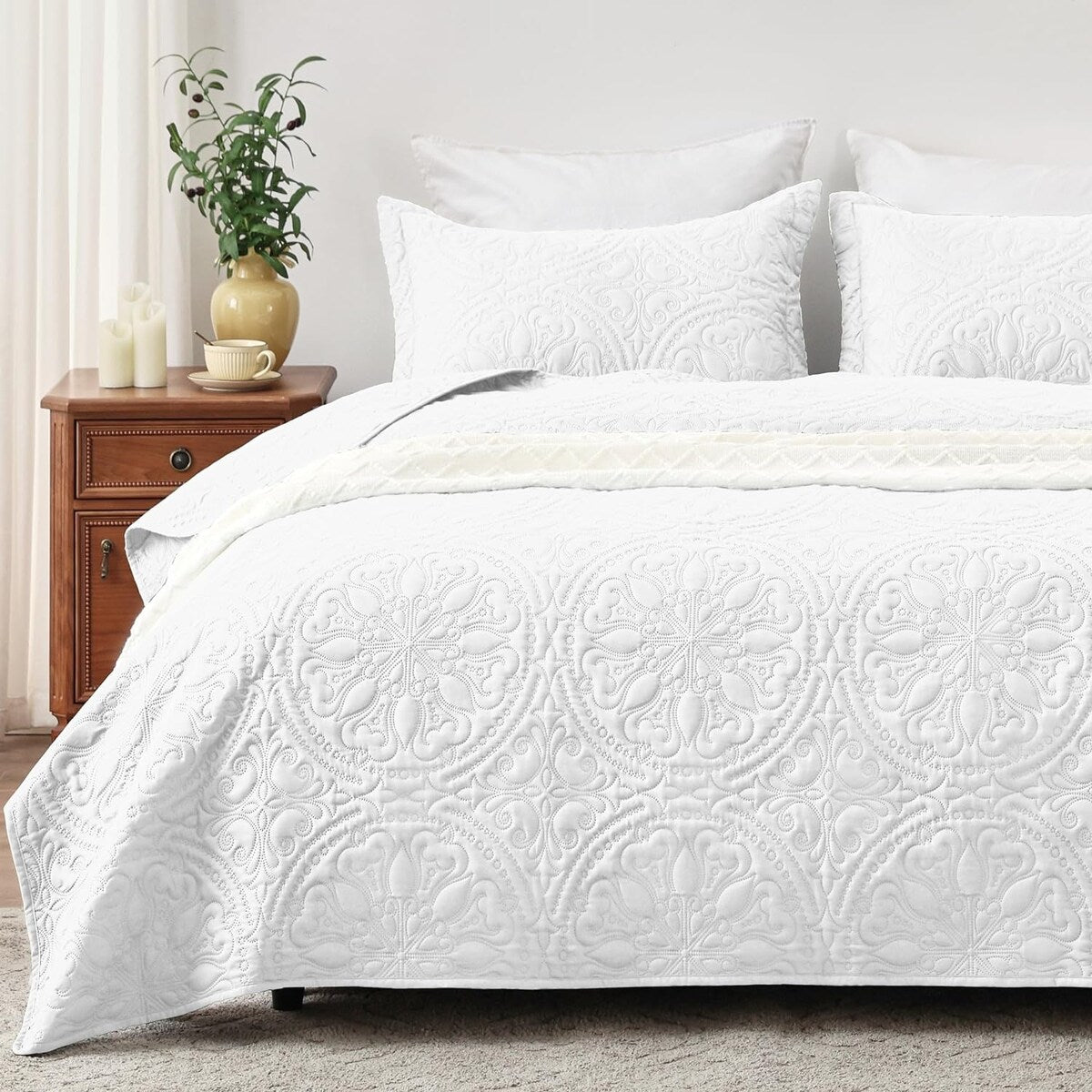 Quilt Set Full Queen Size 3 Piece,Lightweight Soft Coverlet Modern Style Squares Pattern Bedspread Set(1 Quilt,2 Pillow Shams)