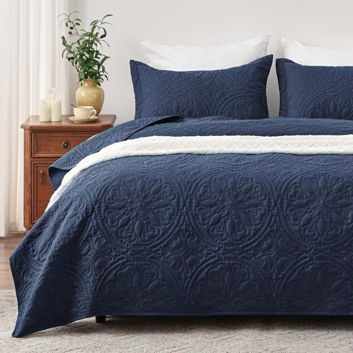 Quilt Set Full Queen Size 3 Piece,Lightweight Soft Coverlet Modern Style Squares Pattern Bedspread Set(1 Quilt,2 Pillow Shams)