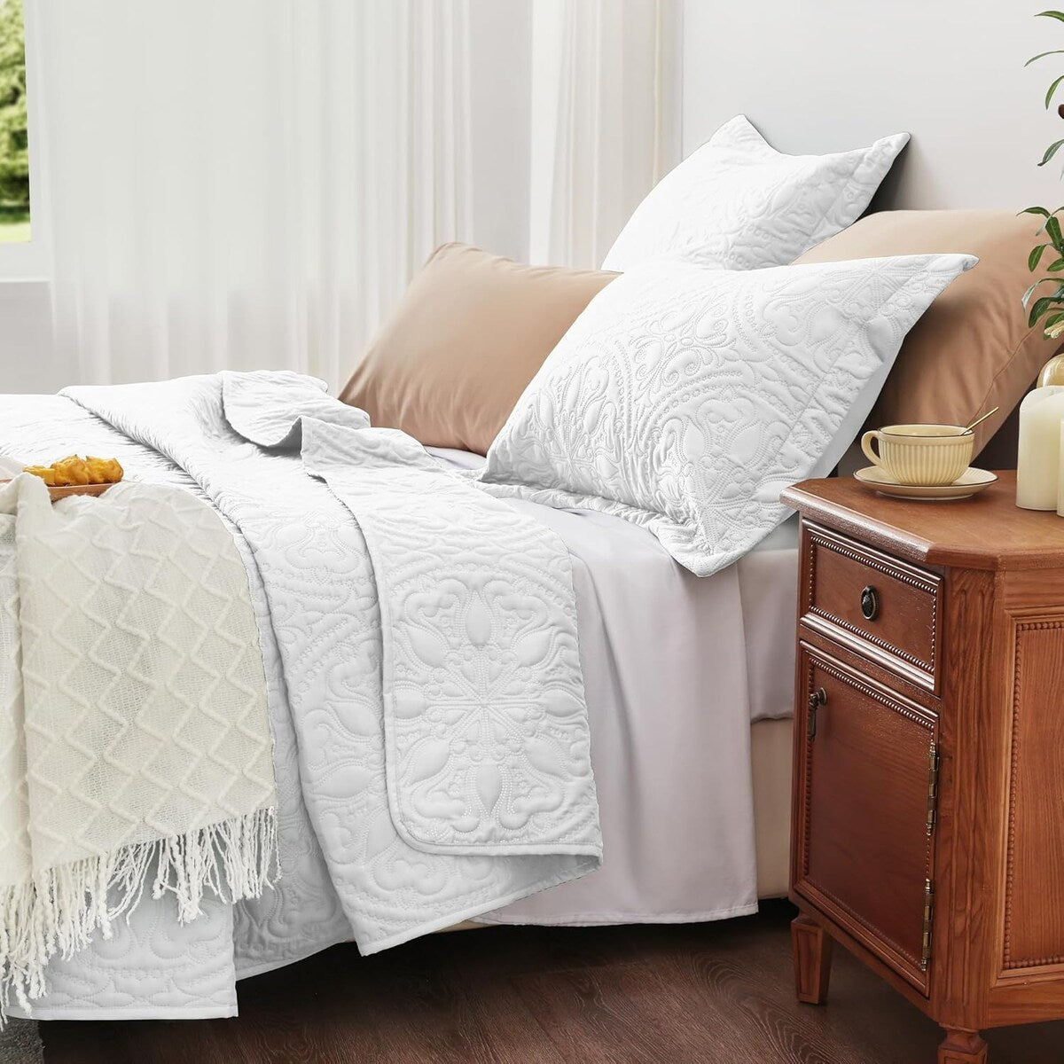 Quilt Set Full Queen Size 3 Piece,Lightweight Soft Coverlet Modern Style Squares Pattern Bedspread Set(1 Quilt,2 Pillow Shams)
