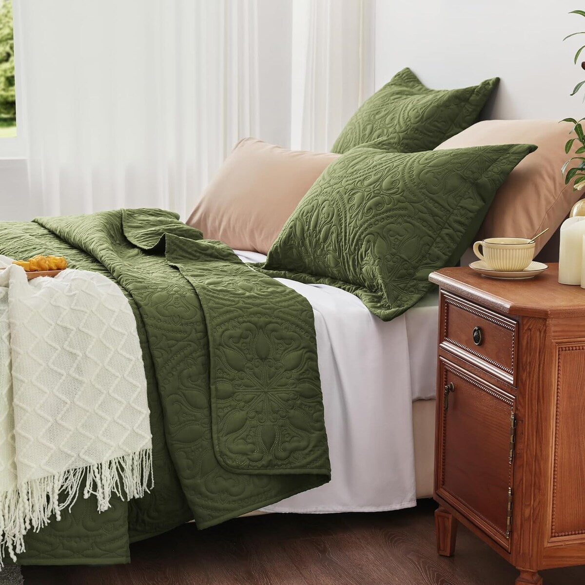 Quilt Set Full Queen Size 3 Piece,Lightweight Soft Coverlet Modern Style Squares Pattern Bedspread Set(1 Quilt,2 Pillow Shams)