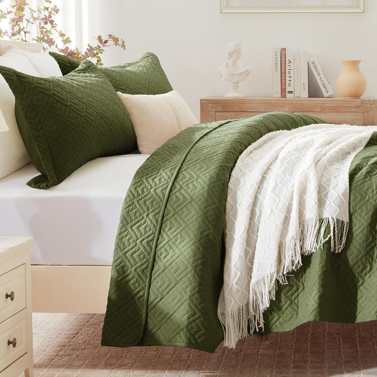 Quilt Set Full Queen Size 3 Piece,Lightweight Soft Coverlet Modern Style Squares Pattern Bedspread Set(1 Quilt,2 Pillow Shams)