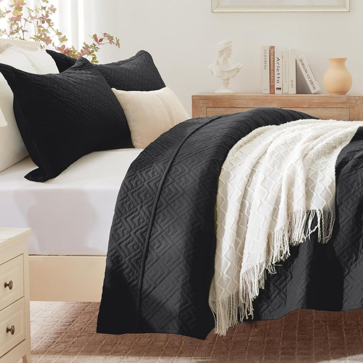 Quilt Set Full Queen Size 3 Piece,Lightweight Soft Coverlet Modern Style Squares Pattern Bedspread Set(1 Quilt,2 Pillow Shams)