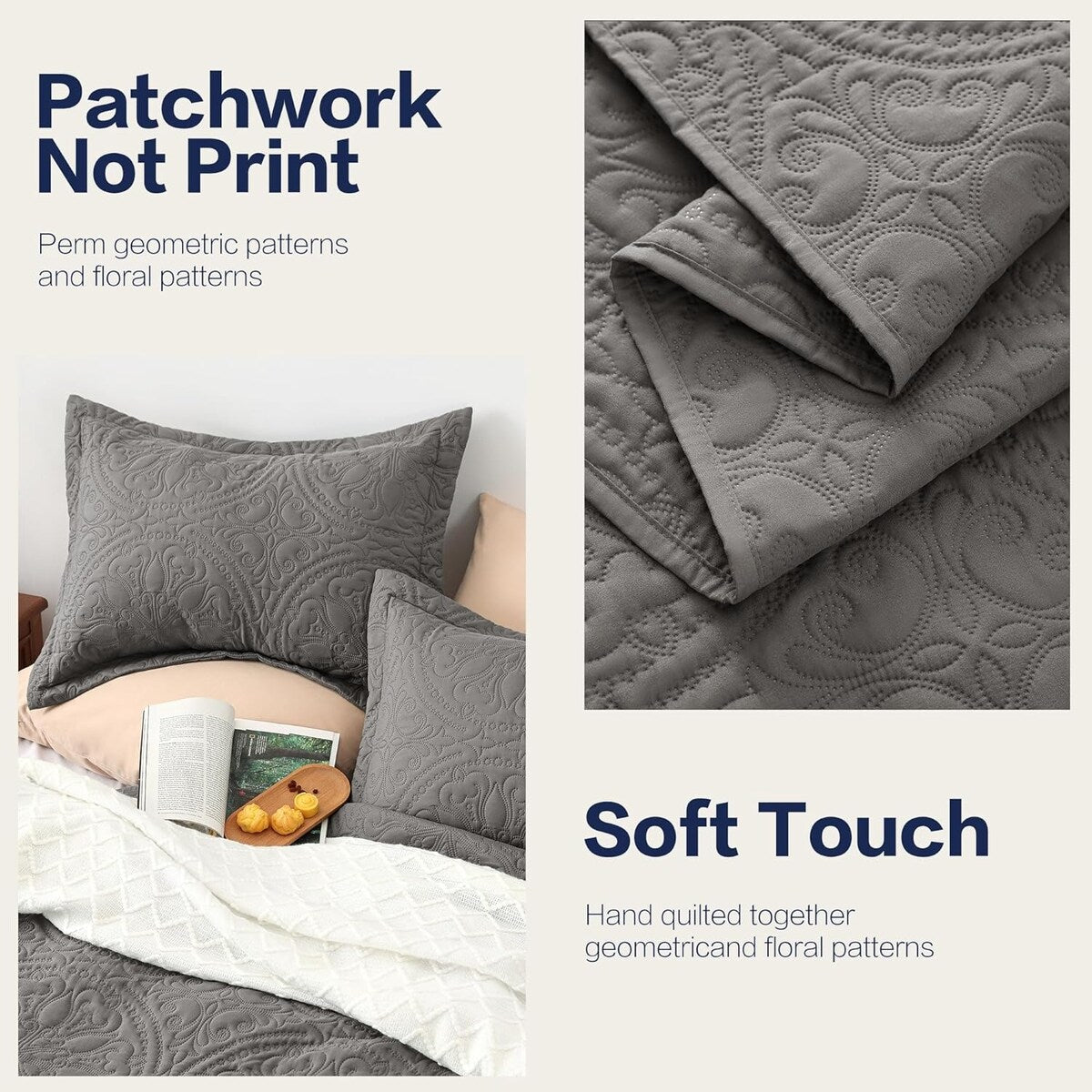 Quilt Set Full Queen Size 3 Piece,Lightweight Soft Coverlet Modern Style Squares Pattern Bedspread Set(1 Quilt,2 Pillow Shams)
