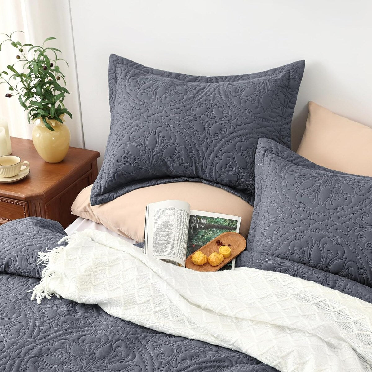 Quilt Set Full Queen Size 3 Piece,Lightweight Soft Coverlet Modern Style Squares Pattern Bedspread Set(1 Quilt,2 Pillow Shams)