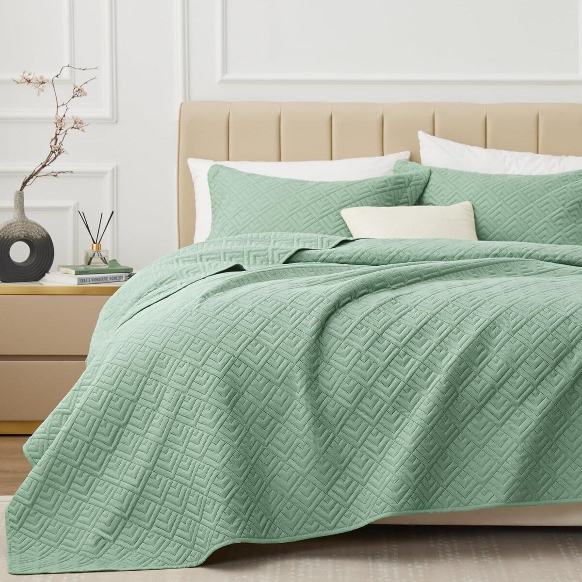 Quilt Set Full Queen Size 3 Piece,Lightweight Soft Coverlet Modern Style Squares Pattern Bedspread Set(1 Quilt,2 Pillow Shams)