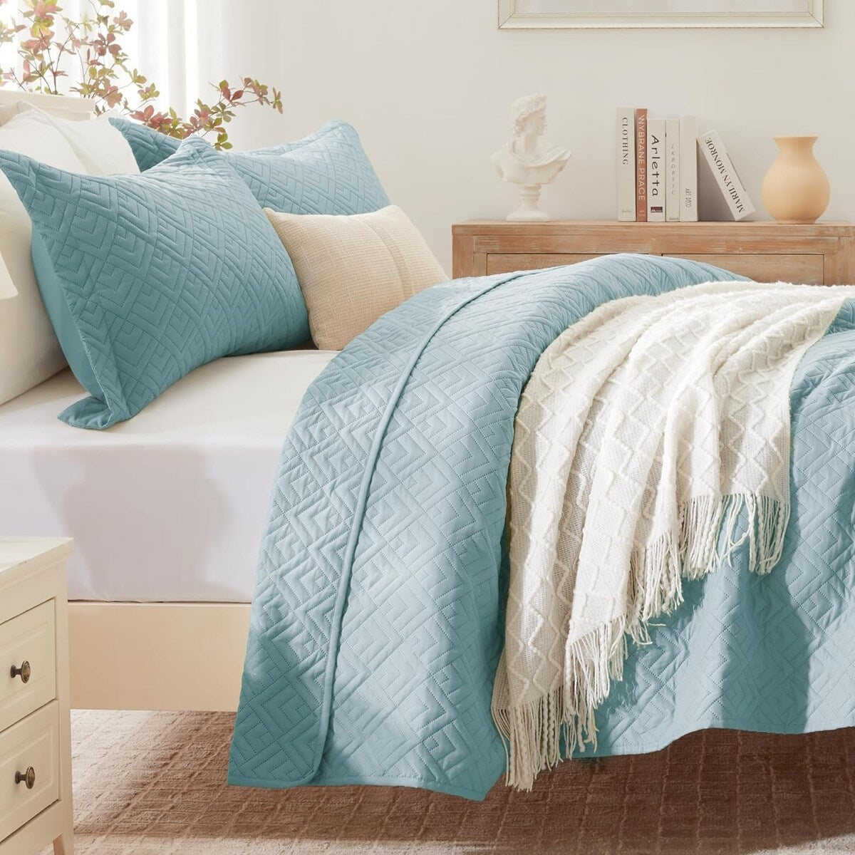 Quilt Set Full Queen Size 3 Piece,Lightweight Soft Coverlet Modern Style Squares Pattern Bedspread Set(1 Quilt,2 Pillow Shams)