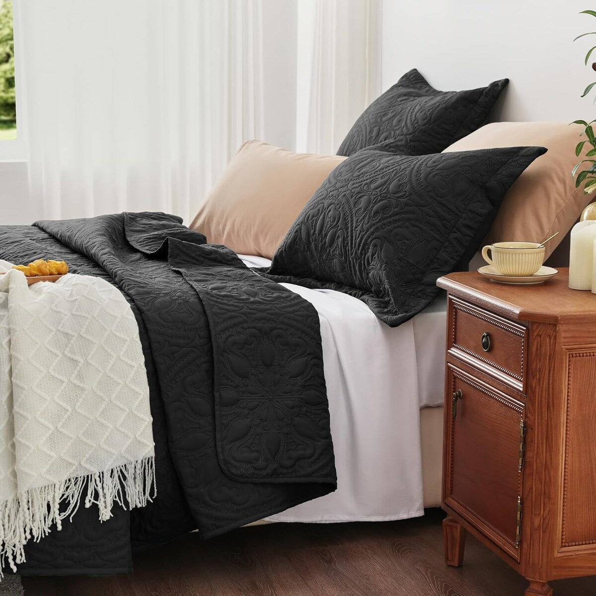 Quilt Set Full Queen Size 3 Piece,Lightweight Soft Coverlet Modern Style Squares Pattern Bedspread Set(1 Quilt,2 Pillow Shams)