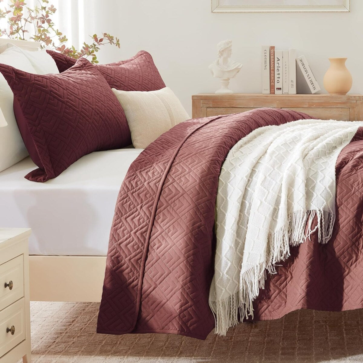 Quilt Set Full Queen Size 3 Piece,Lightweight Soft Coverlet Modern Style Squares Pattern Bedspread Set(1 Quilt,2 Pillow Shams)