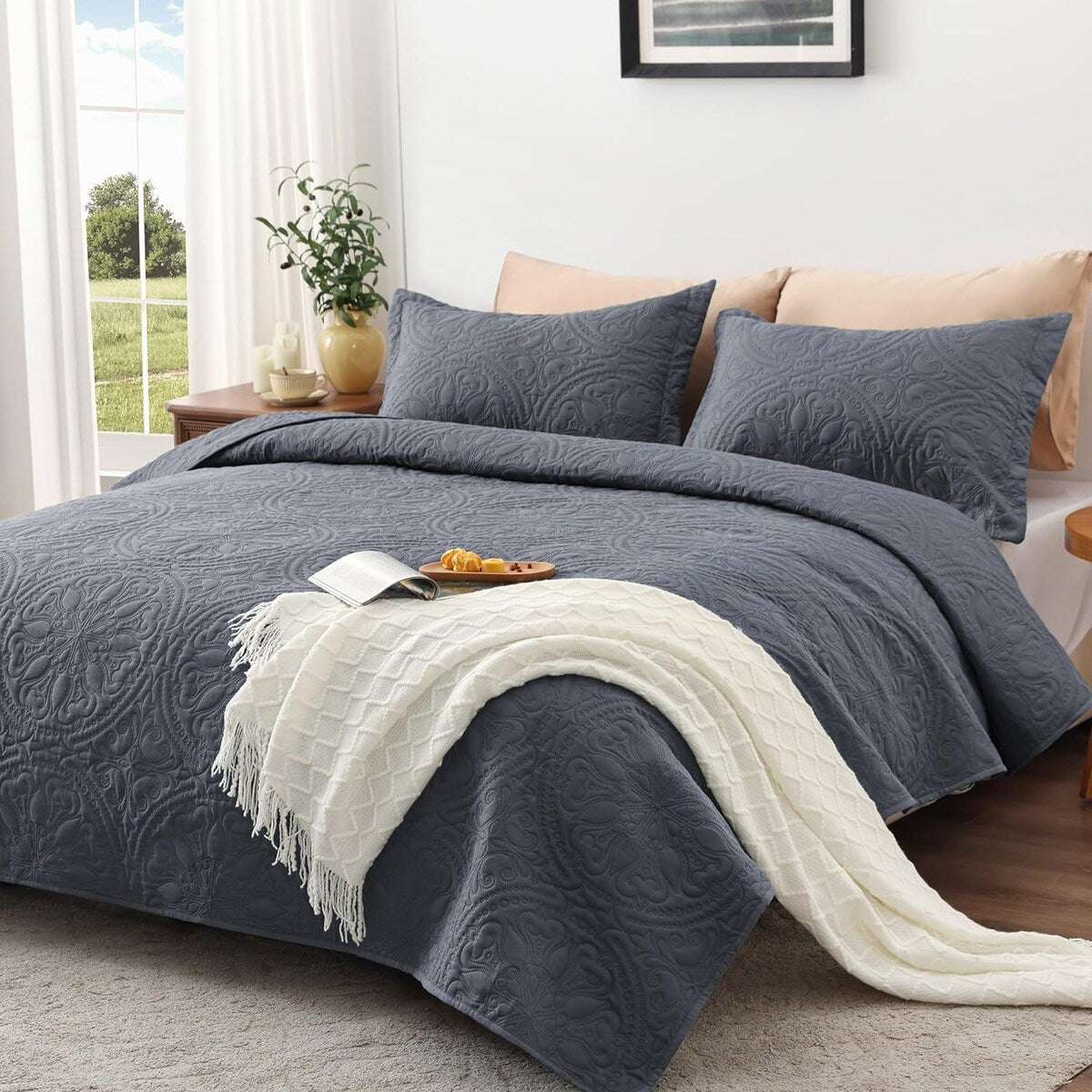 Quilt Set Full Queen Size 3 Piece,Lightweight Soft Coverlet Modern Style Squares Pattern Bedspread Set(1 Quilt,2 Pillow Shams)