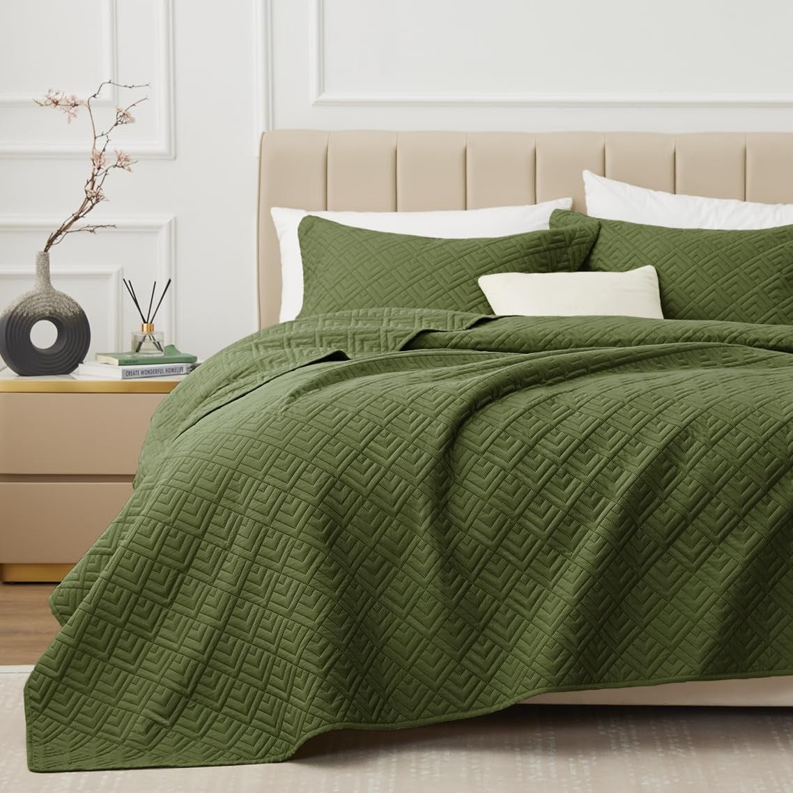 Quilt Set Full Queen Size 3 Piece,Lightweight Soft Coverlet Modern Style Squares Pattern Bedspread Set(1 Quilt,2 Pillow Shams)