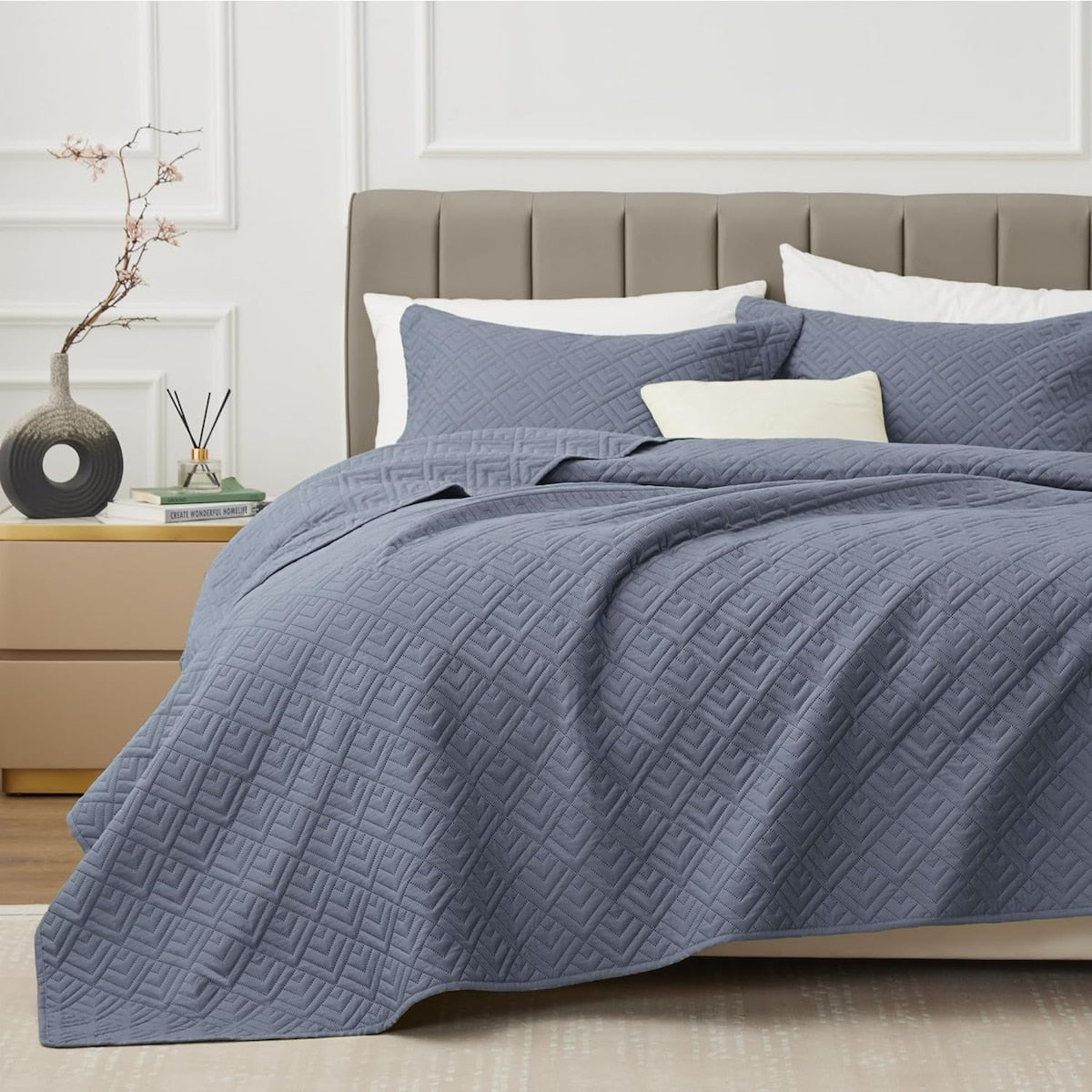 Quilt Set Full Queen Size 3 Piece,Lightweight Soft Coverlet Modern Style Squares Pattern Bedspread Set(1 Quilt,2 Pillow Shams)