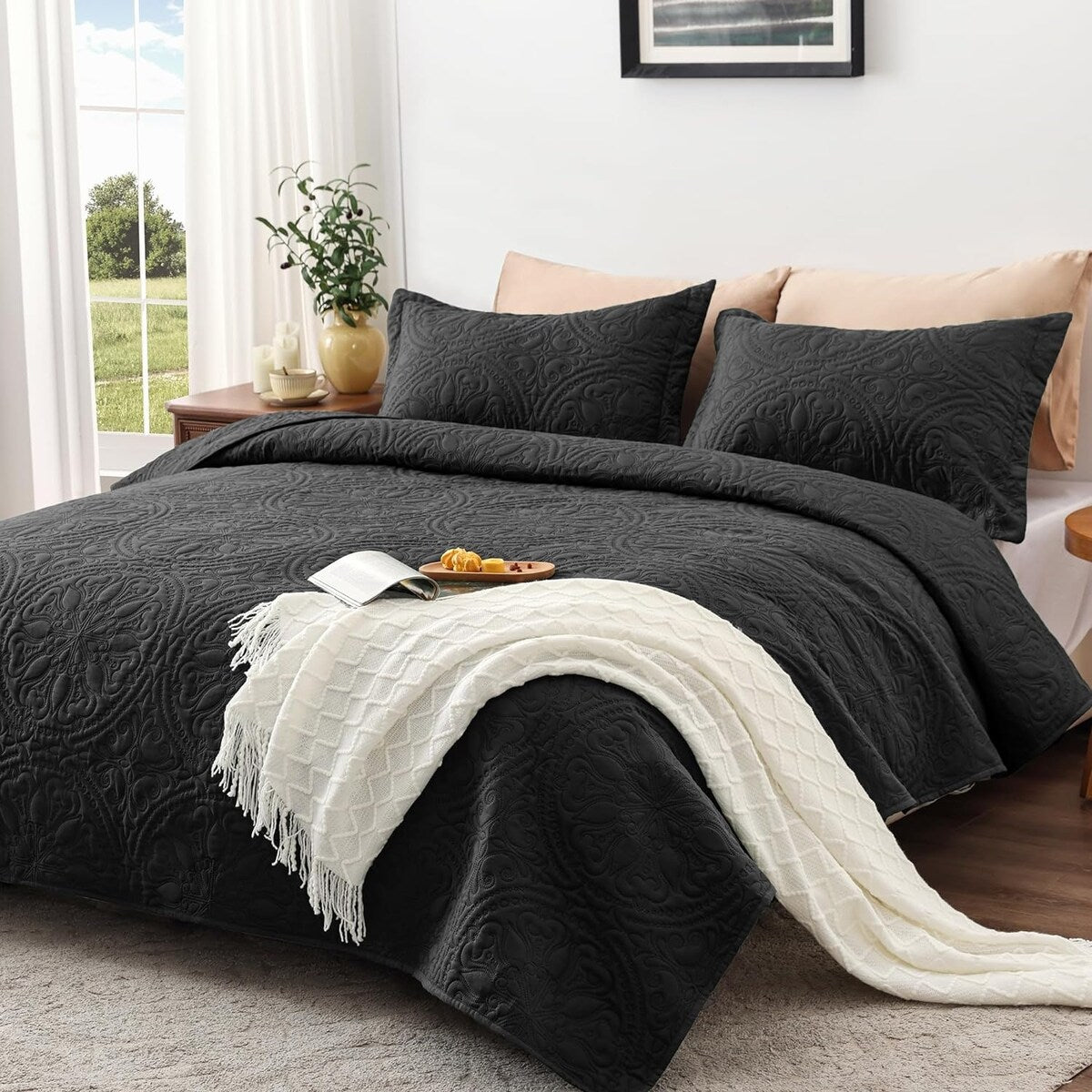 Quilt Set Full Queen Size 3 Piece,Lightweight Soft Coverlet Modern Style Squares Pattern Bedspread Set(1 Quilt,2 Pillow Shams)