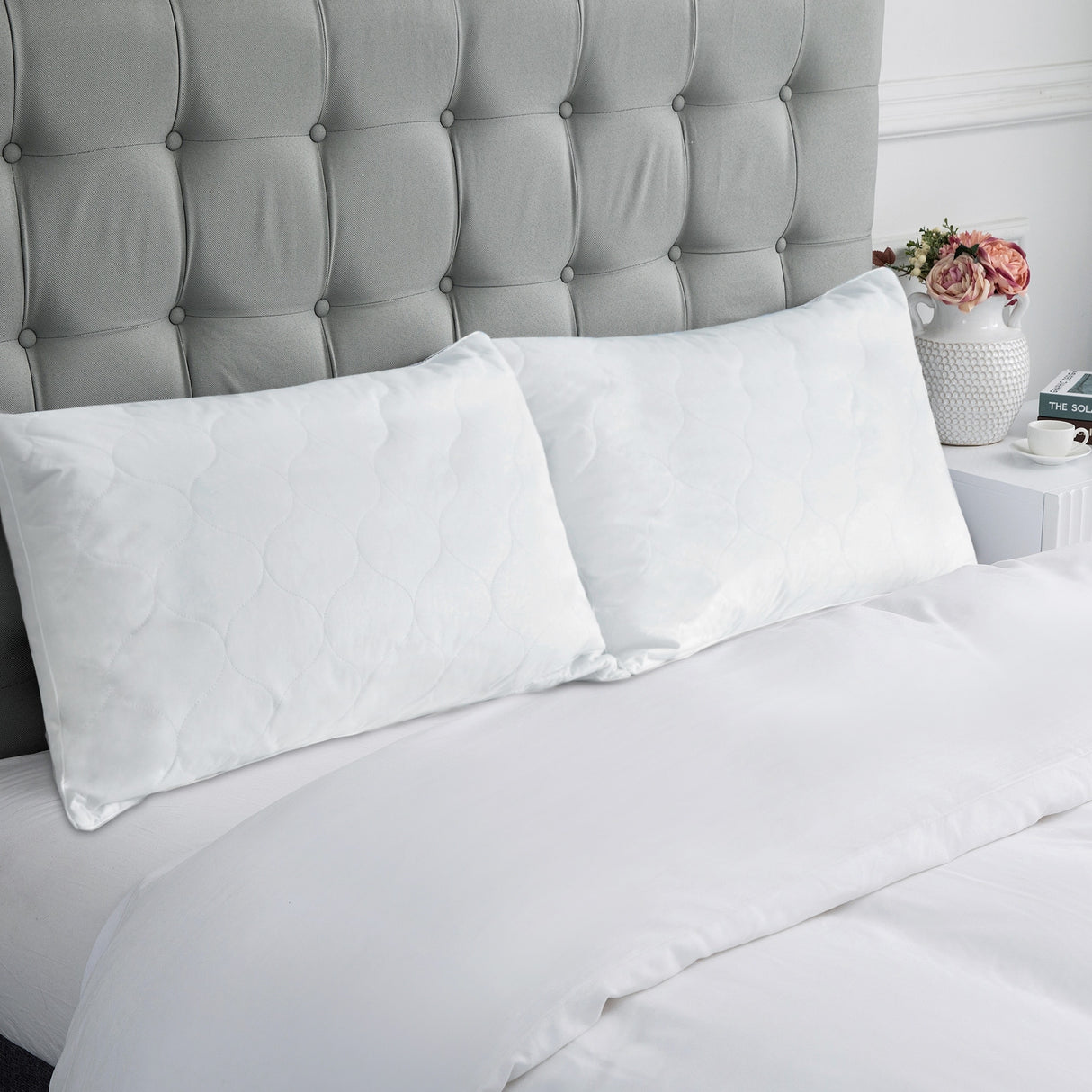 Quilted Cotton Cover Soft Goose Feather Down Pillows Set of 2 - White