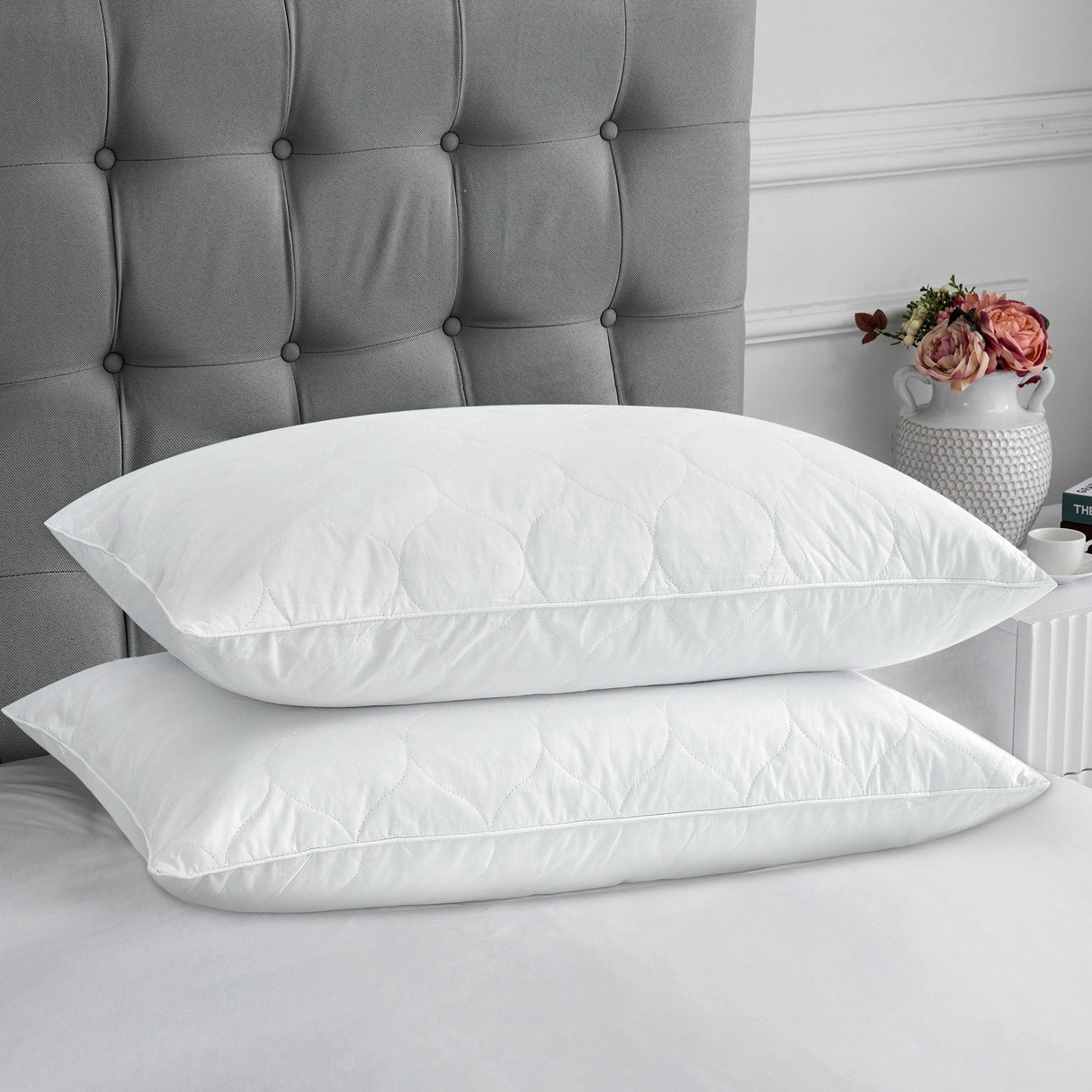 Quilted Cotton Cover Soft Goose Feather Down Pillows Set of 2 - White