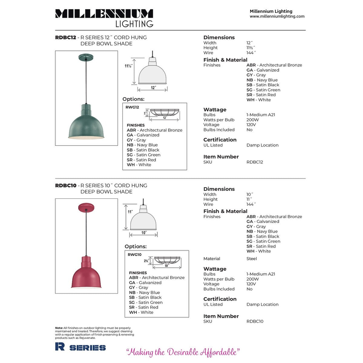 Millennium Lighting R Series 10" Cord Hung Indoor/Outdoor Deep Bowl Shade