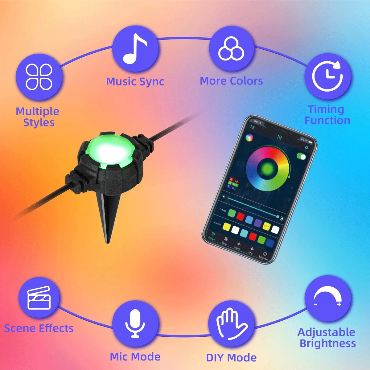 RGB Lights Yard Lights Outdoor Ground Lights,42FT 16LEDs RGB Pathway Lights,Music /Timing/ 3 Dimmable Ground Lights
