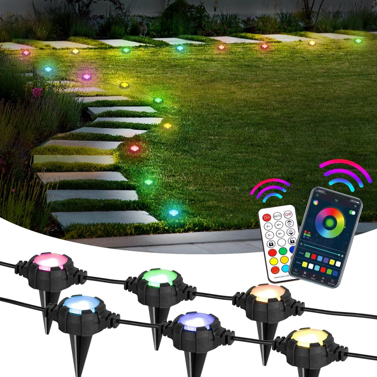RGB Lights Yard Lights Outdoor Ground Lights,42FT 16LEDs RGB Pathway Lights,Music /Timing/ 3 Dimmable Ground Lights