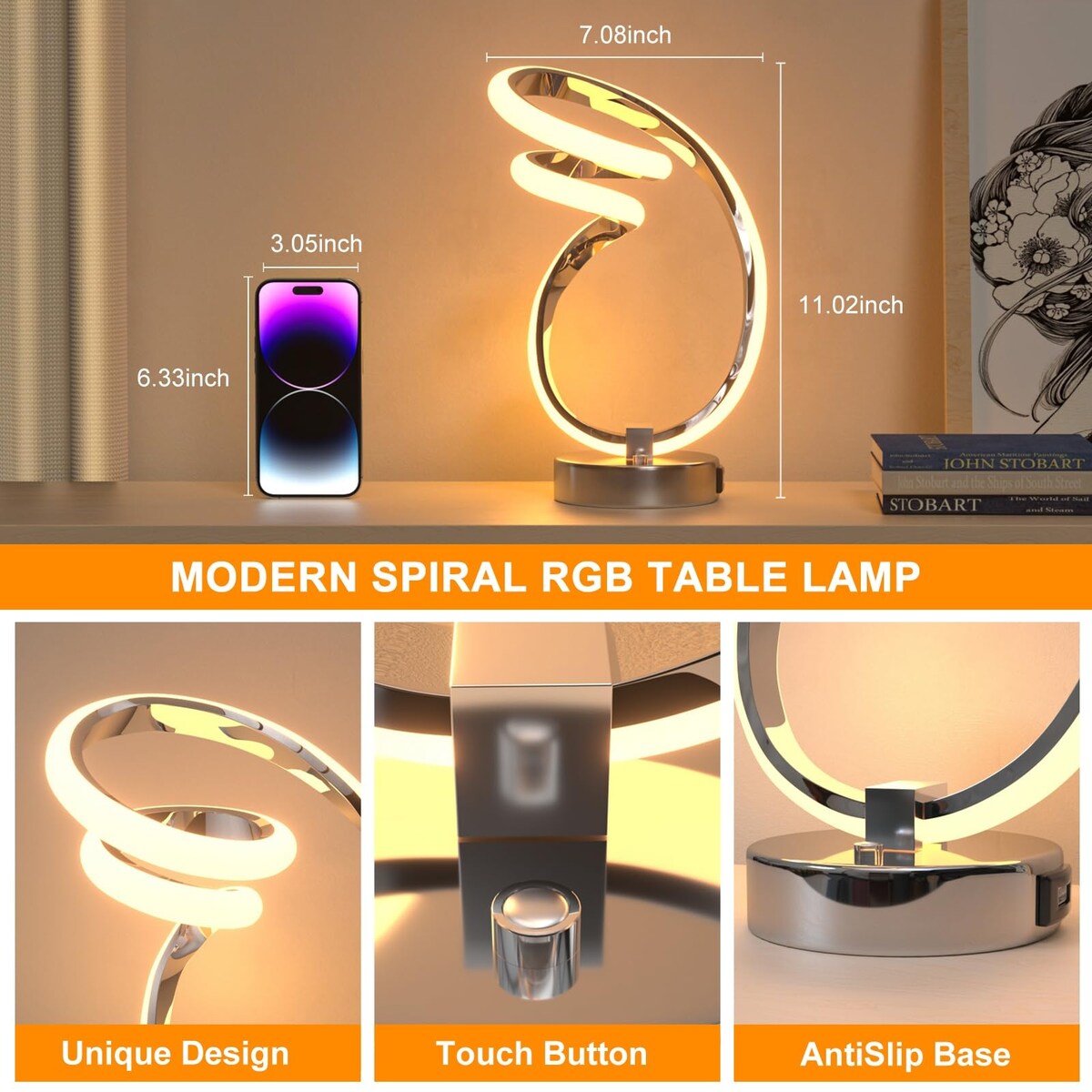 RGB Spiral Table Lamp, with 1 USB Charging Port,7 Colors 10 Light Modes Small Bedside Lamp,24W Dimmable Touch Control Desk Lamp