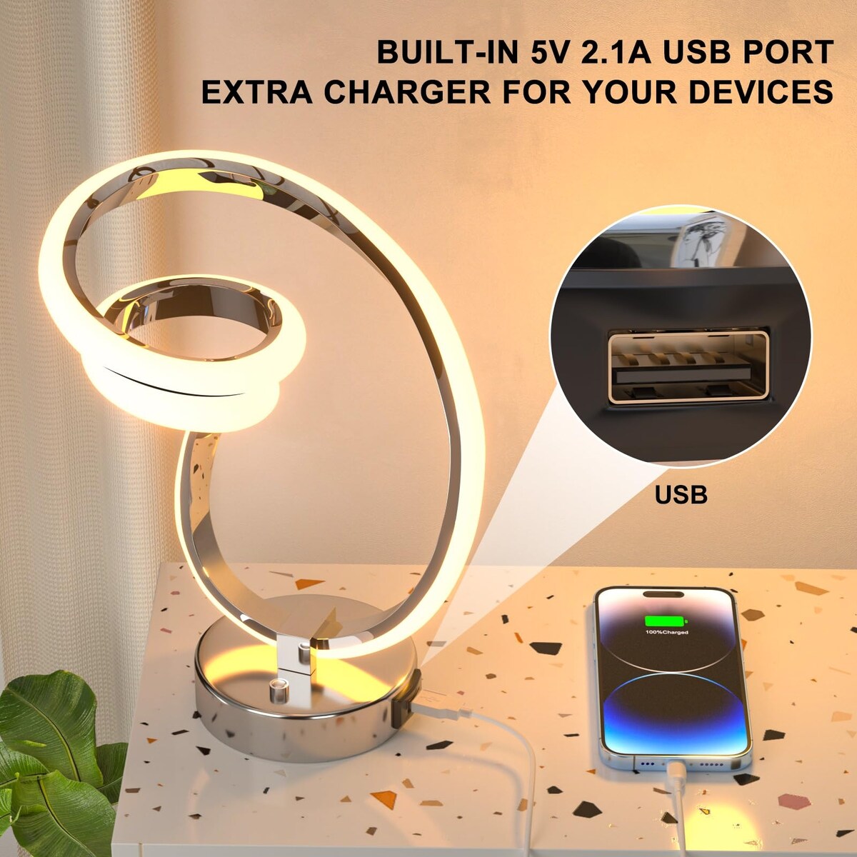RGB Spiral Table Lamp, with 1 USB Charging Port,7 Colors 10 Light Modes Small Bedside Lamp,24W Dimmable Touch Control Desk Lamp