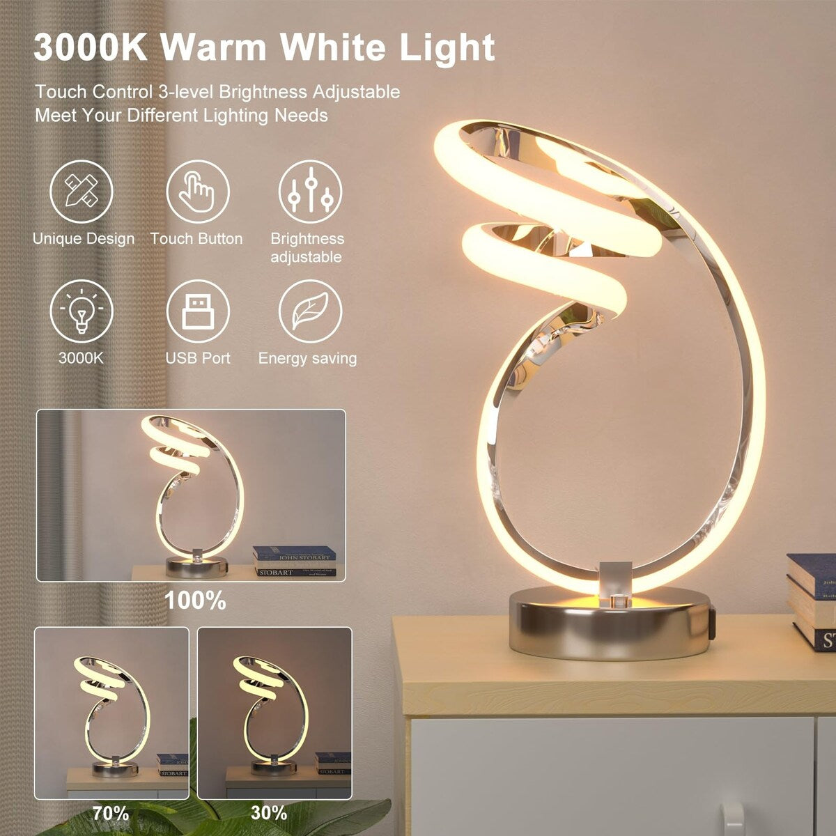RGB Spiral Table Lamp, with 1 USB Charging Port,7 Colors 10 Light Modes Small Bedside Lamp,24W Dimmable Touch Control Desk Lamp