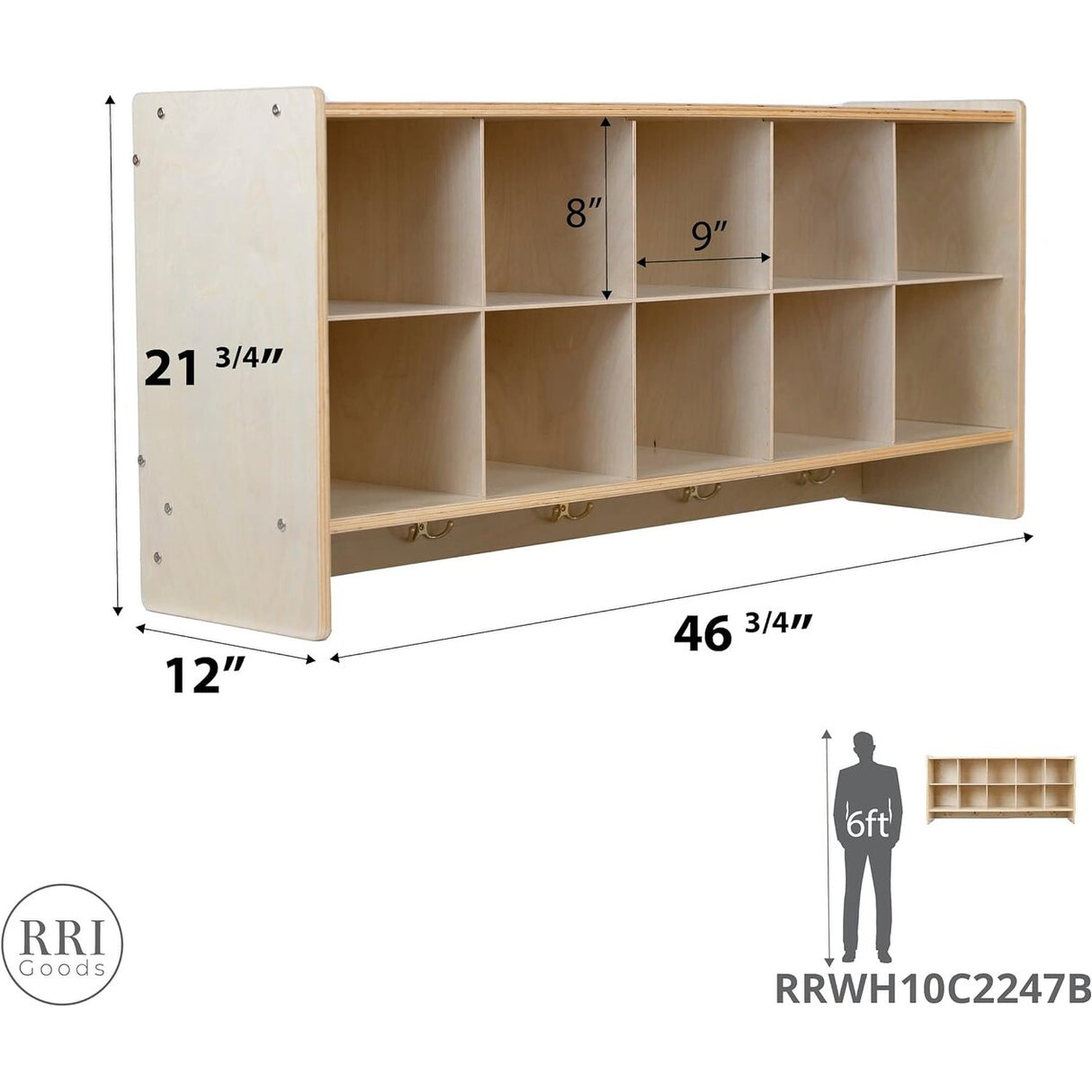 RRI Goods 10-Section Wall Mount Storage Cubby Organizer & Coat Locker with Shelf, Hanging Wall Organizer with Hooks