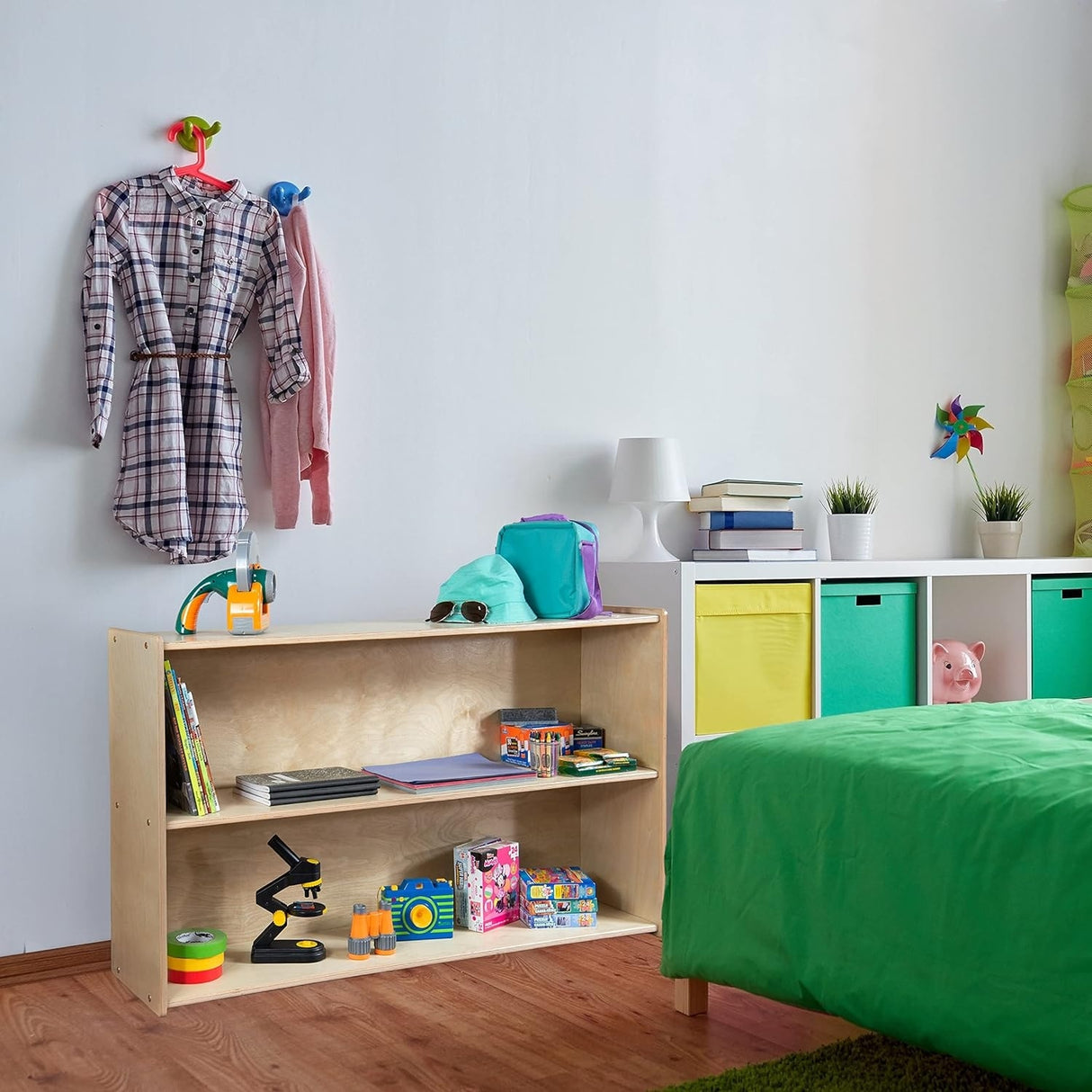 RRI Goods 2 Shelf Montessori Horizontal Bookcase with Wheels, Wooden BookShelf Organizer Kids Supplies Storage Unit
