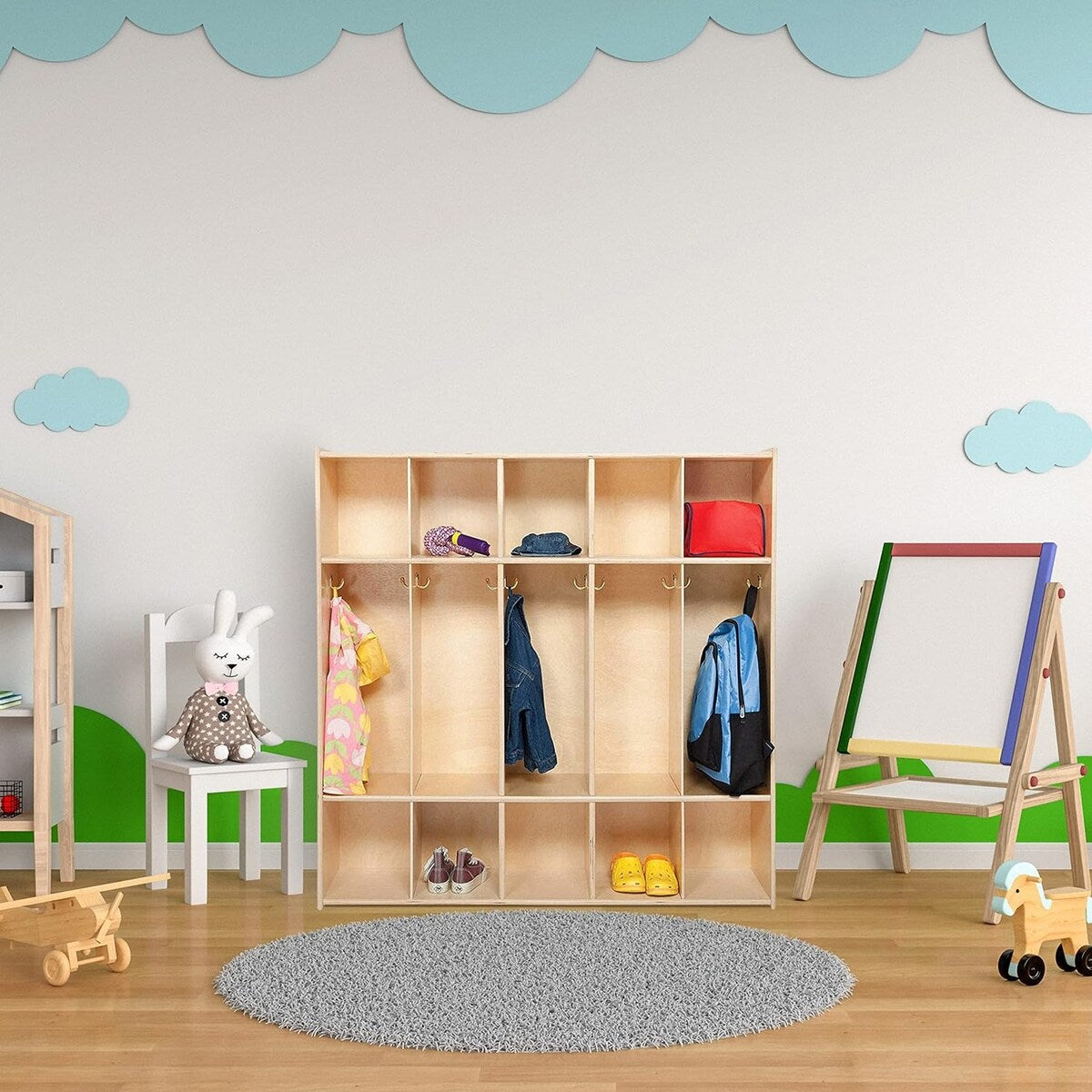 RRI Goods 5 Section Montessori Coat Locker & Backpack Hanger, Kids Organizer Wooden Storage with Hooks
