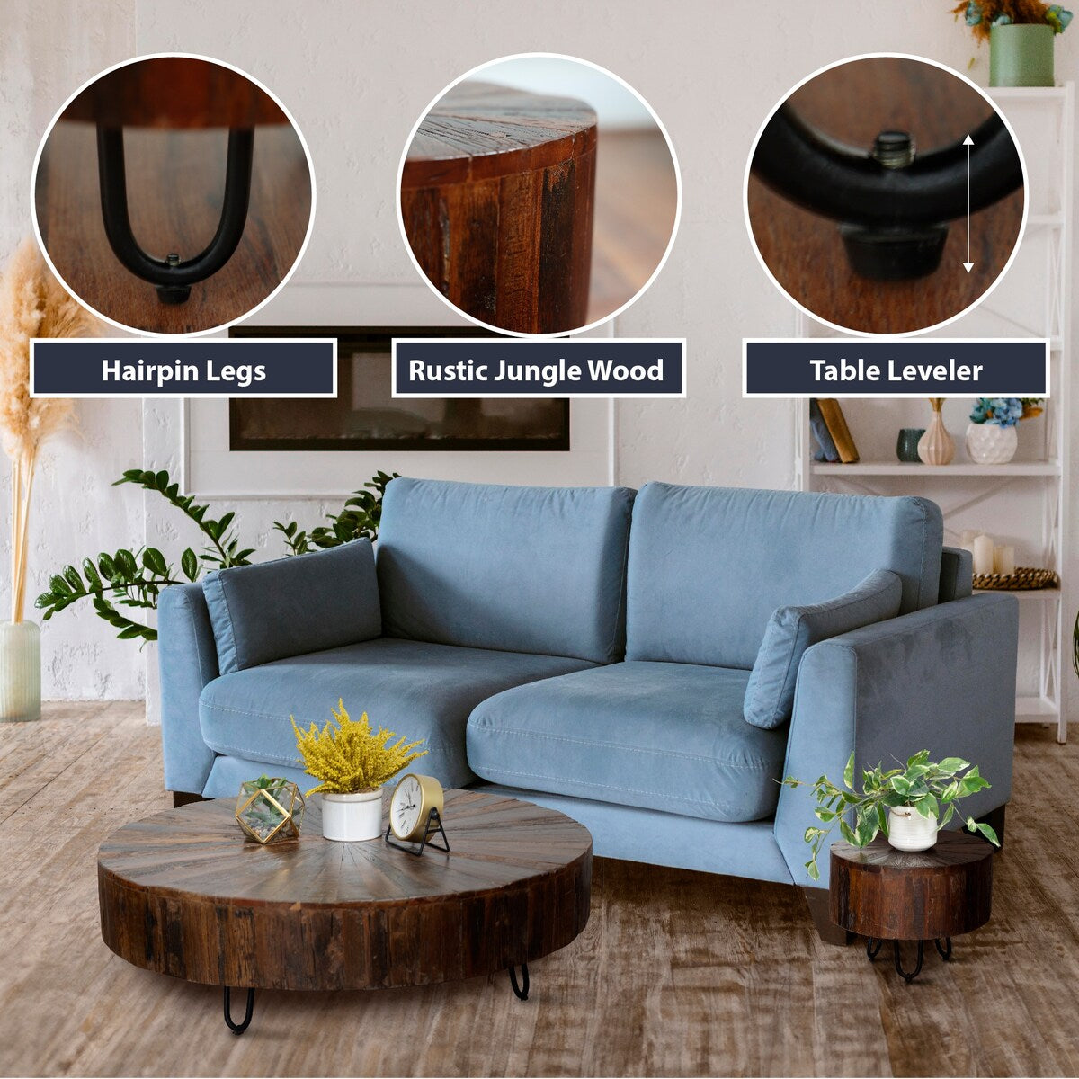 14" Round Side Table, Unique Solid Wood With Metal Hairpin Legs End Table