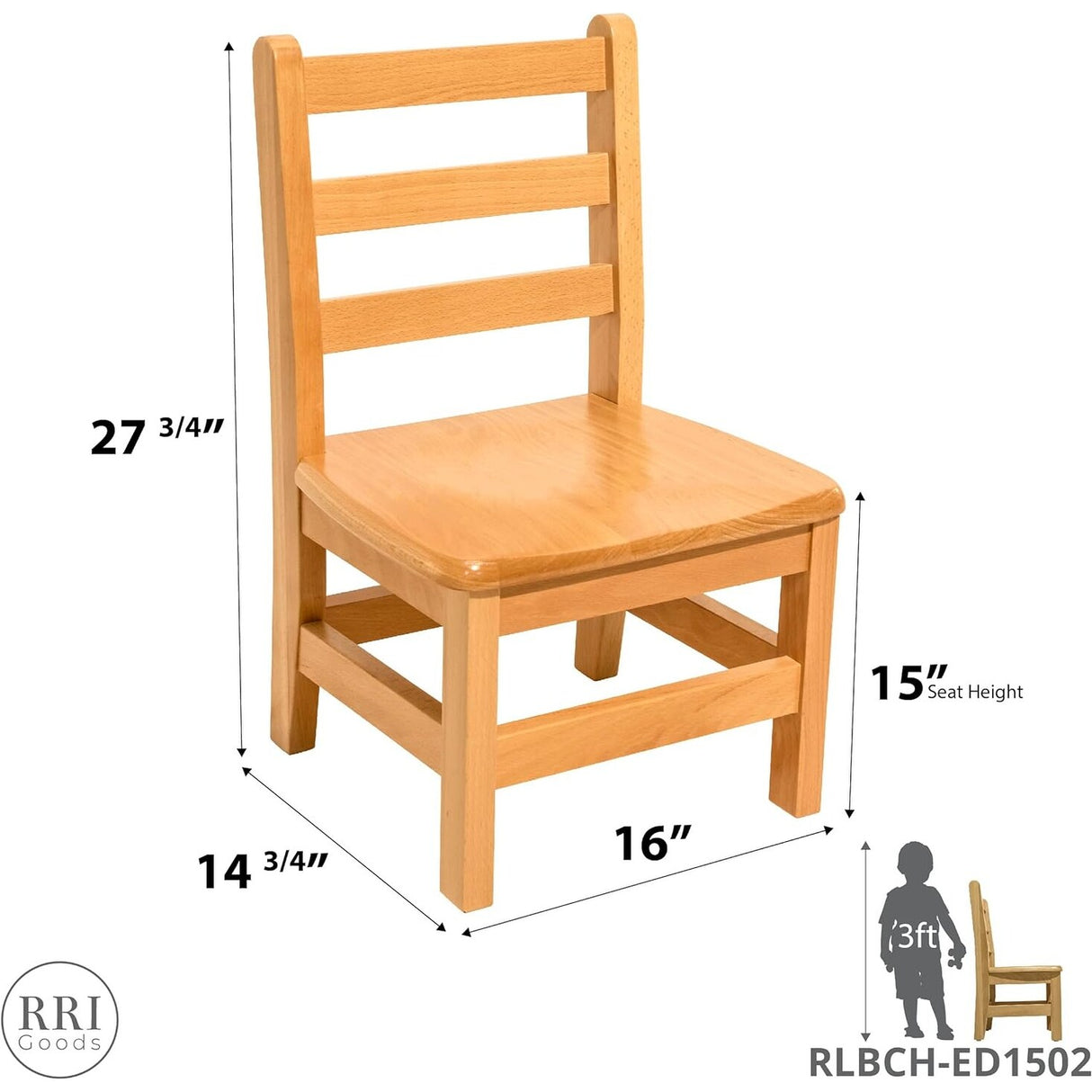 RRI Goods Ladderback Kids Chair, Classroom Seating Toddler Fully Assembled Beechwood Chair Set of 2
