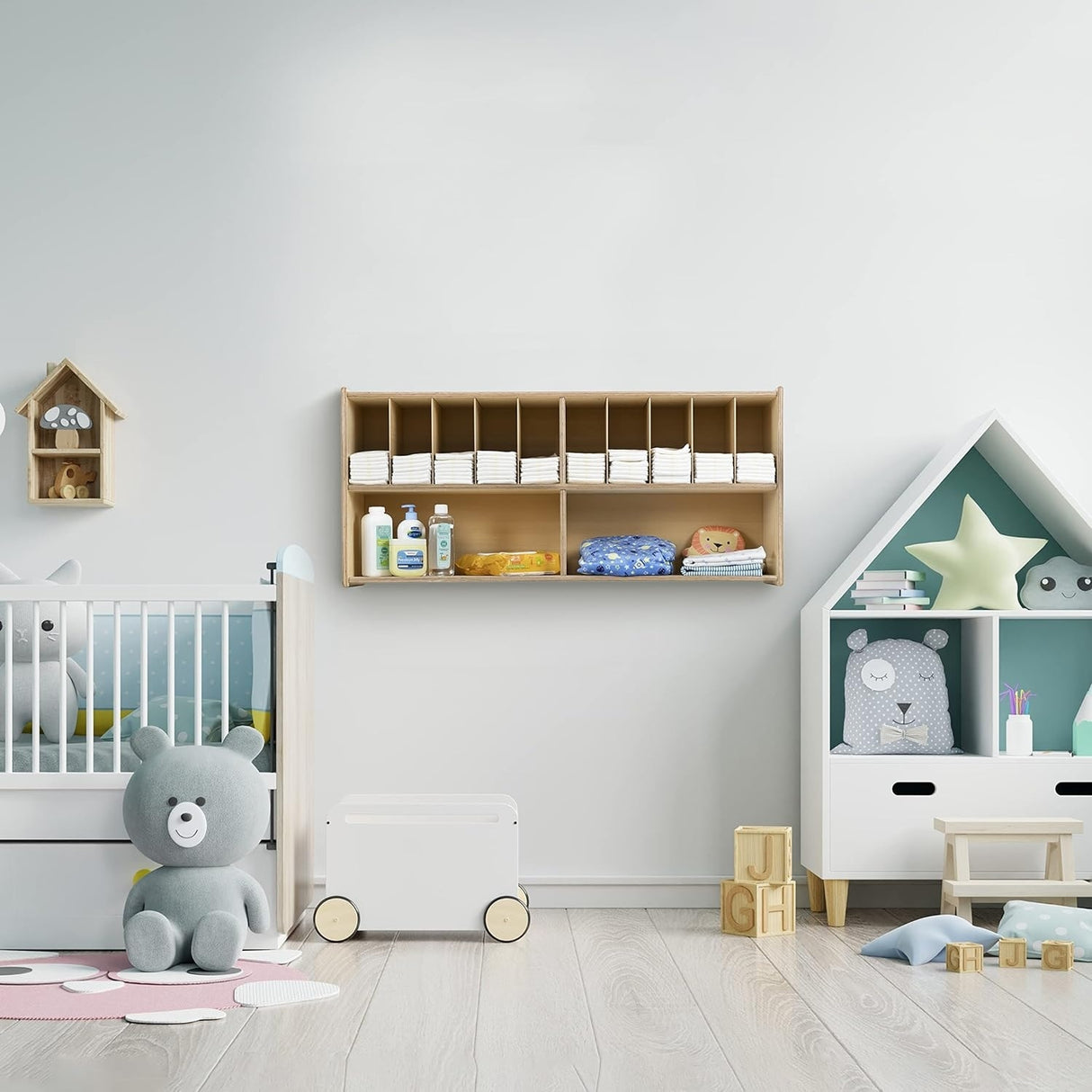 RRI Goods Wall Mount Baby Diaper Caddy Organizer with Storage Unit, 100% Birch Plywood Storing Kids Diapers, Wipes in Nursery