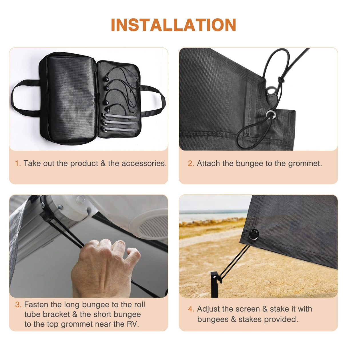 RV Awning Sun Shade Screen with Zipper, Black Mesh Camper Sunshade RV Awning Accessories, UV Blocker Privacy Screen