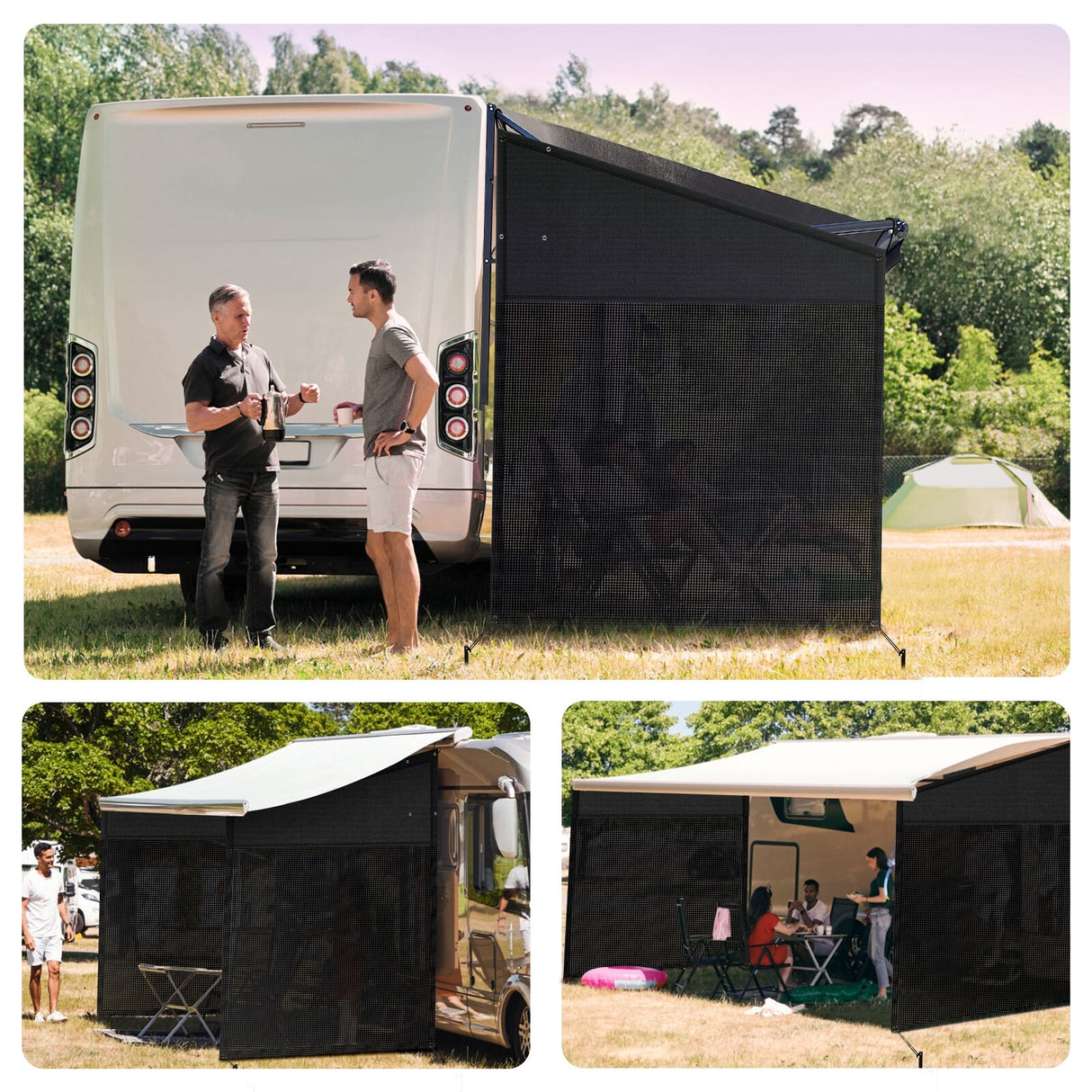 RV Awning Sun Shade Screen with Zipper, Black Mesh Camper Sunshade RV Awning Accessories, UV Blocker Privacy Screen