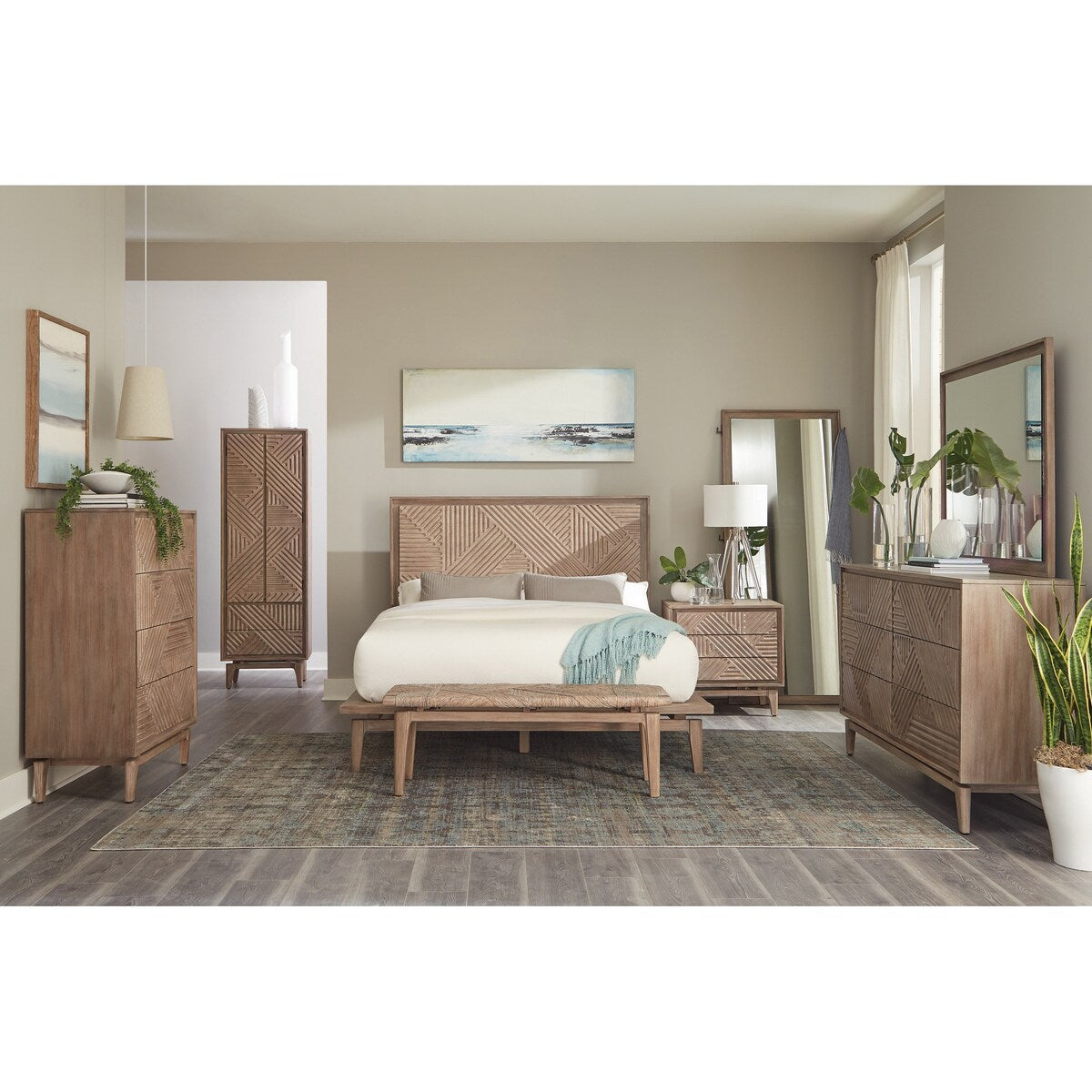 Racine Sandstone 5-piece Platform Bedroom Set with Patterned Headboard
