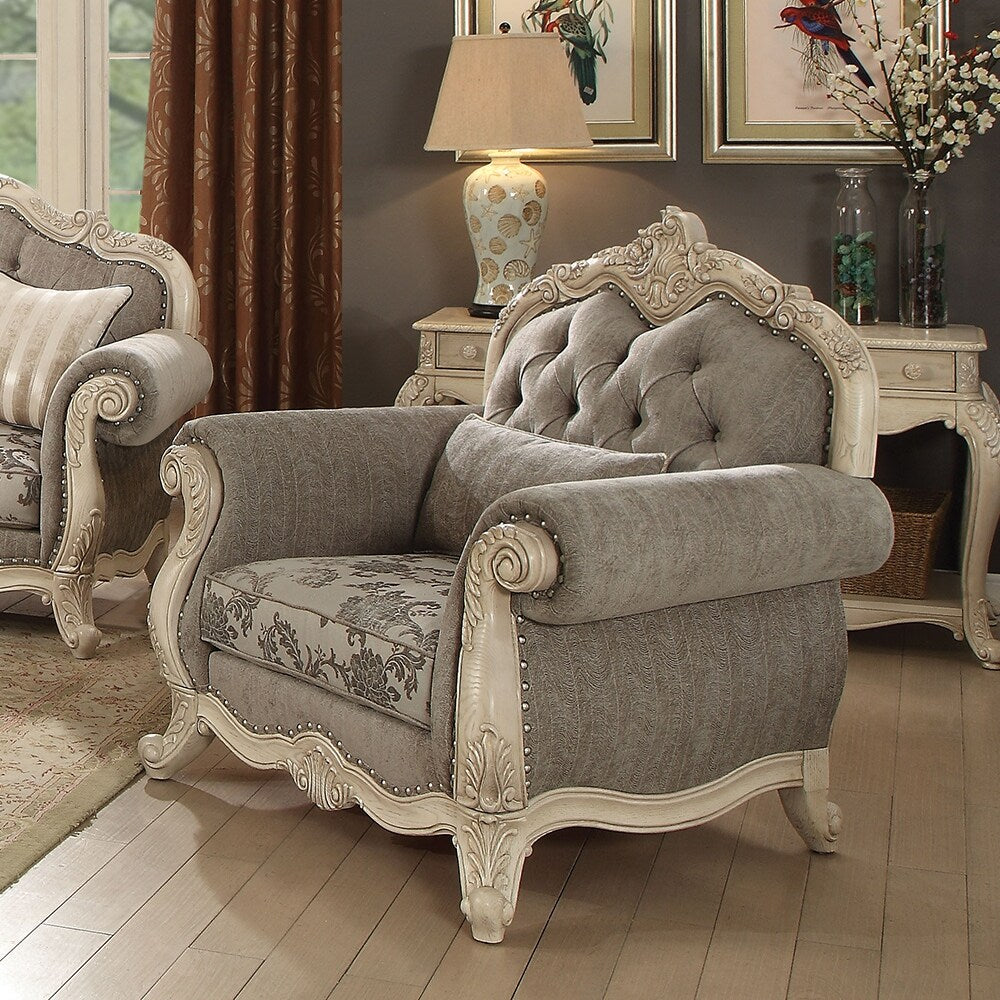 Ragenardus Chair (w/1 Pillow) in Gray Fabric & Antique White Finish