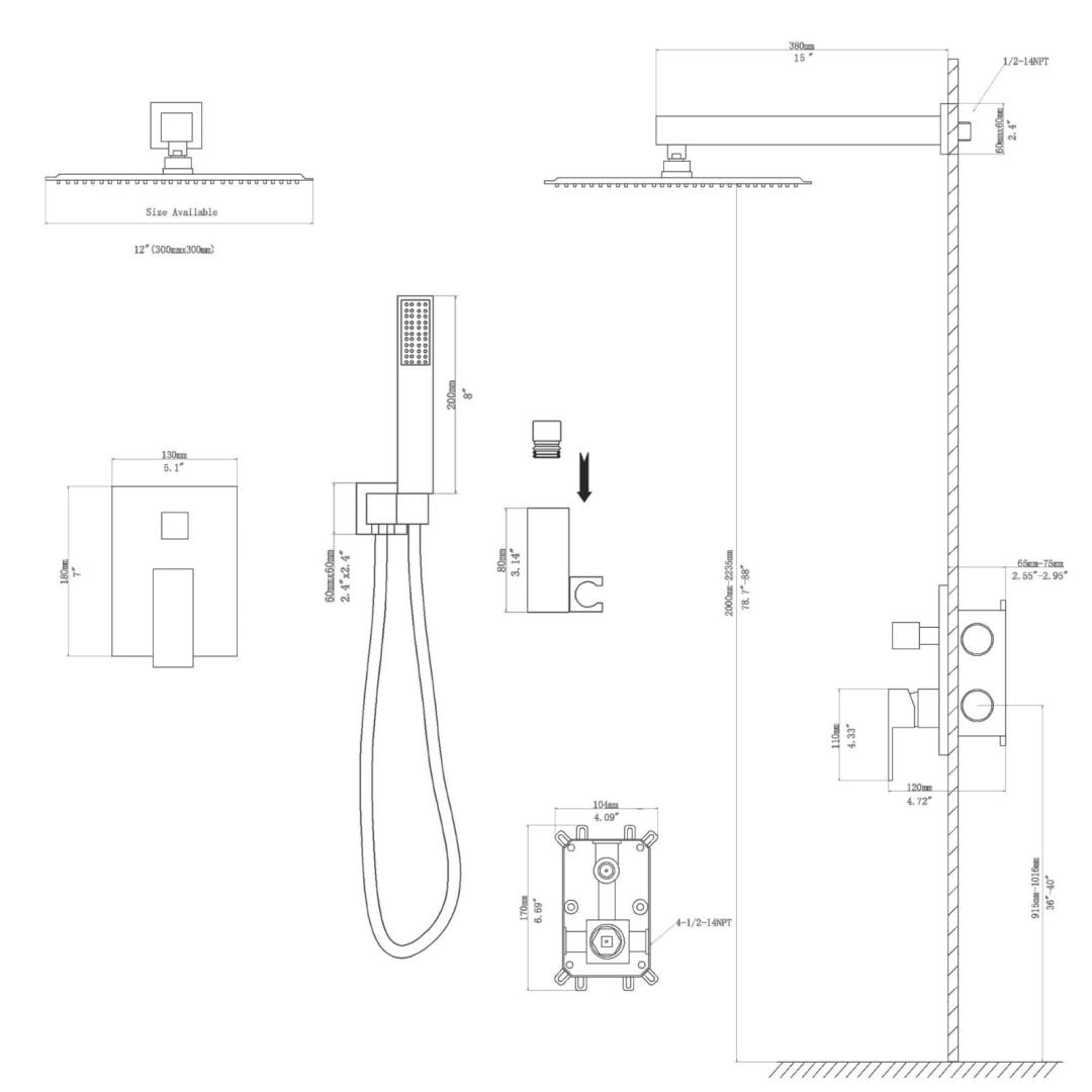 Kichae 12-Inch Rain Shower System Wall Mounted Waterfall Shower System With Rough-In Valve Body and Trim