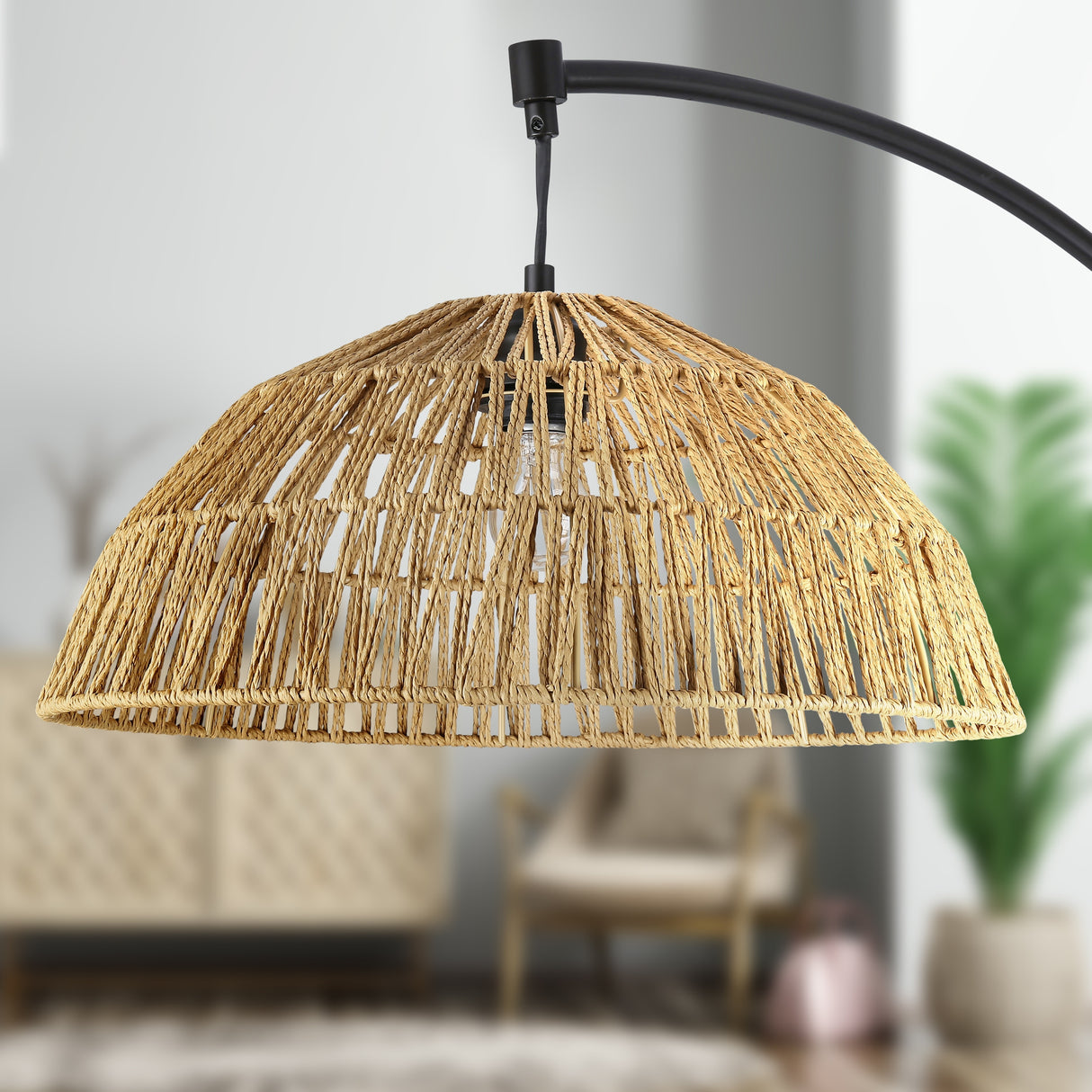 Raina River of Goods Black Metal and Natural Rattan Boho 77-Inch Floor Lamp - 40" x 17" x 77"