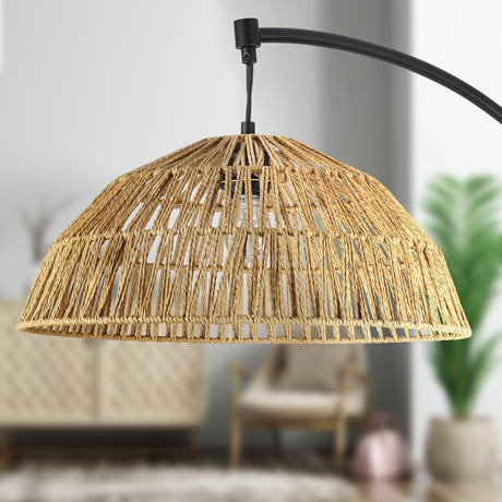Raina River of Goods Black Metal and Natural Rattan Boho 77-Inch Floor Lamp - 40" x 17" x 77"