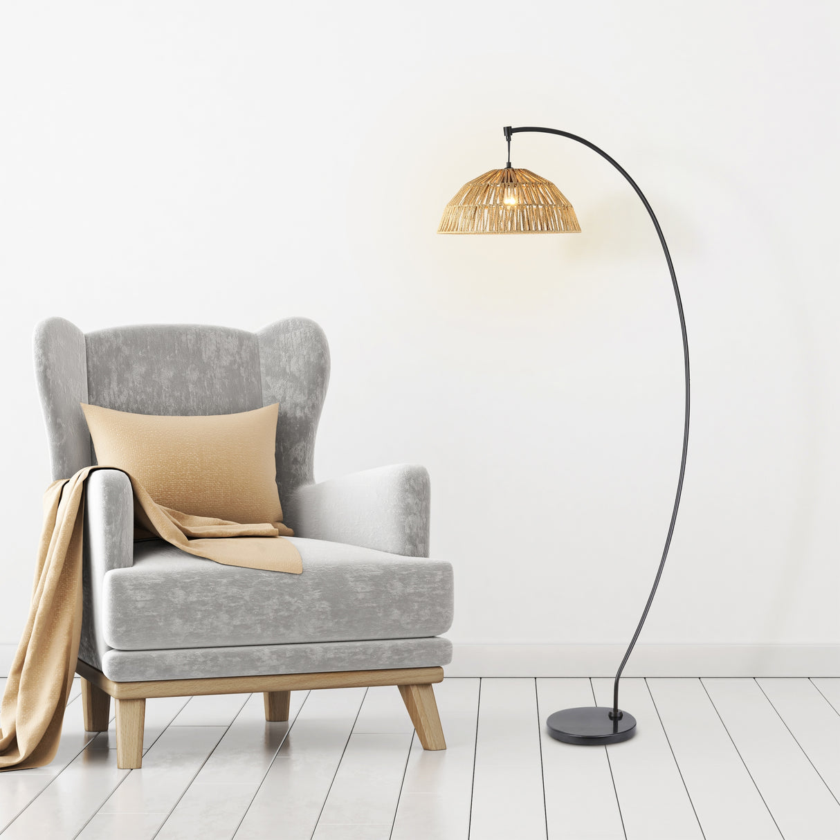 Raina River of Goods Black Metal and Natural Rattan Boho 77-Inch Floor Lamp - 40" x 17" x 77"