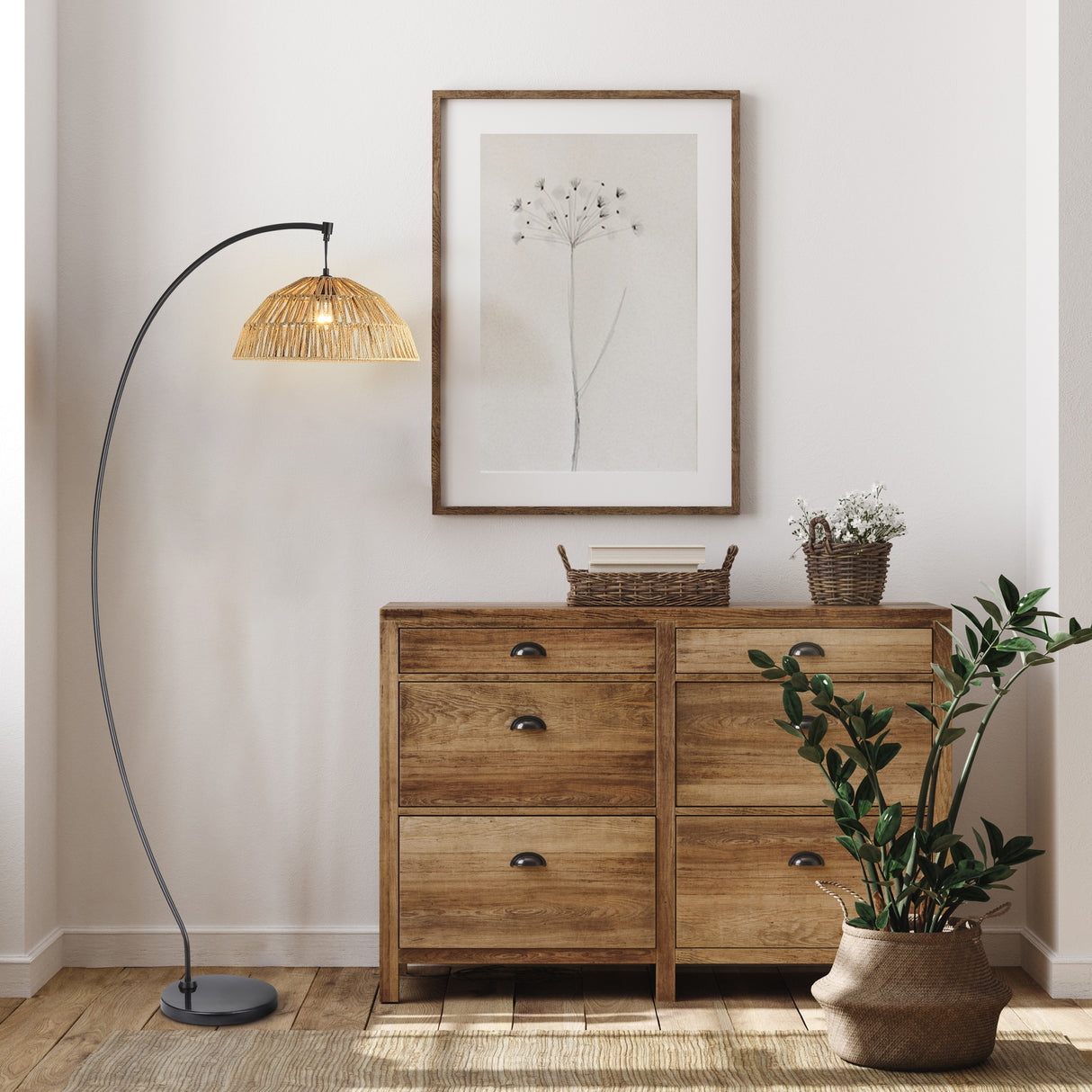 Raina River of Goods Black Metal and Natural Rattan Boho 77-Inch Floor Lamp - 40" x 17" x 77"