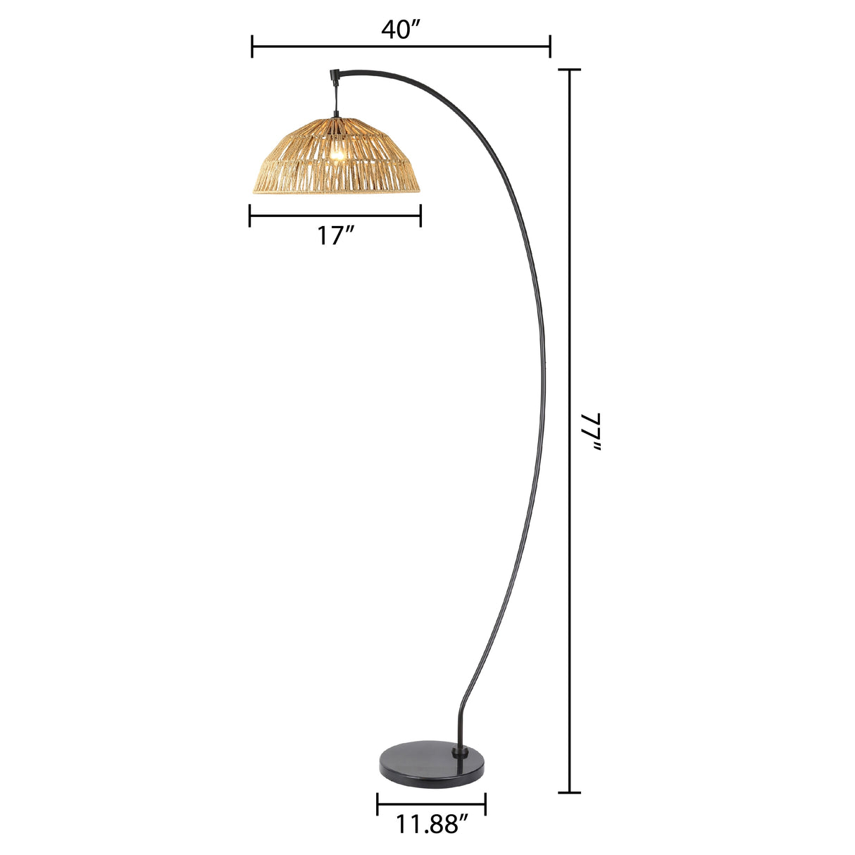 Raina River of Goods Black Metal and Natural Rattan Boho 77-Inch Floor Lamp - 40" x 17" x 77"