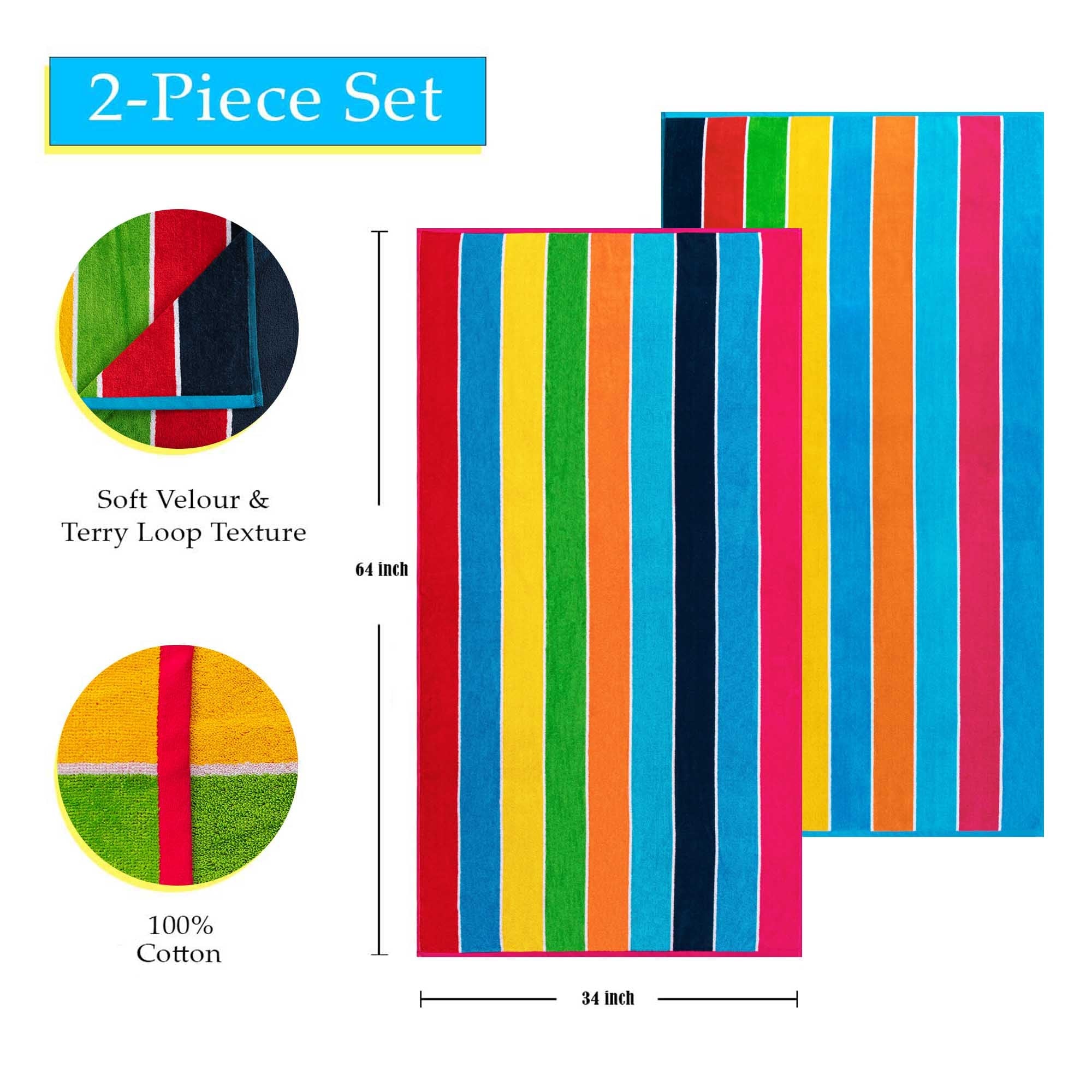 Rainbow Striped Cotton Oversized 2-Piece Beach Towel Set by