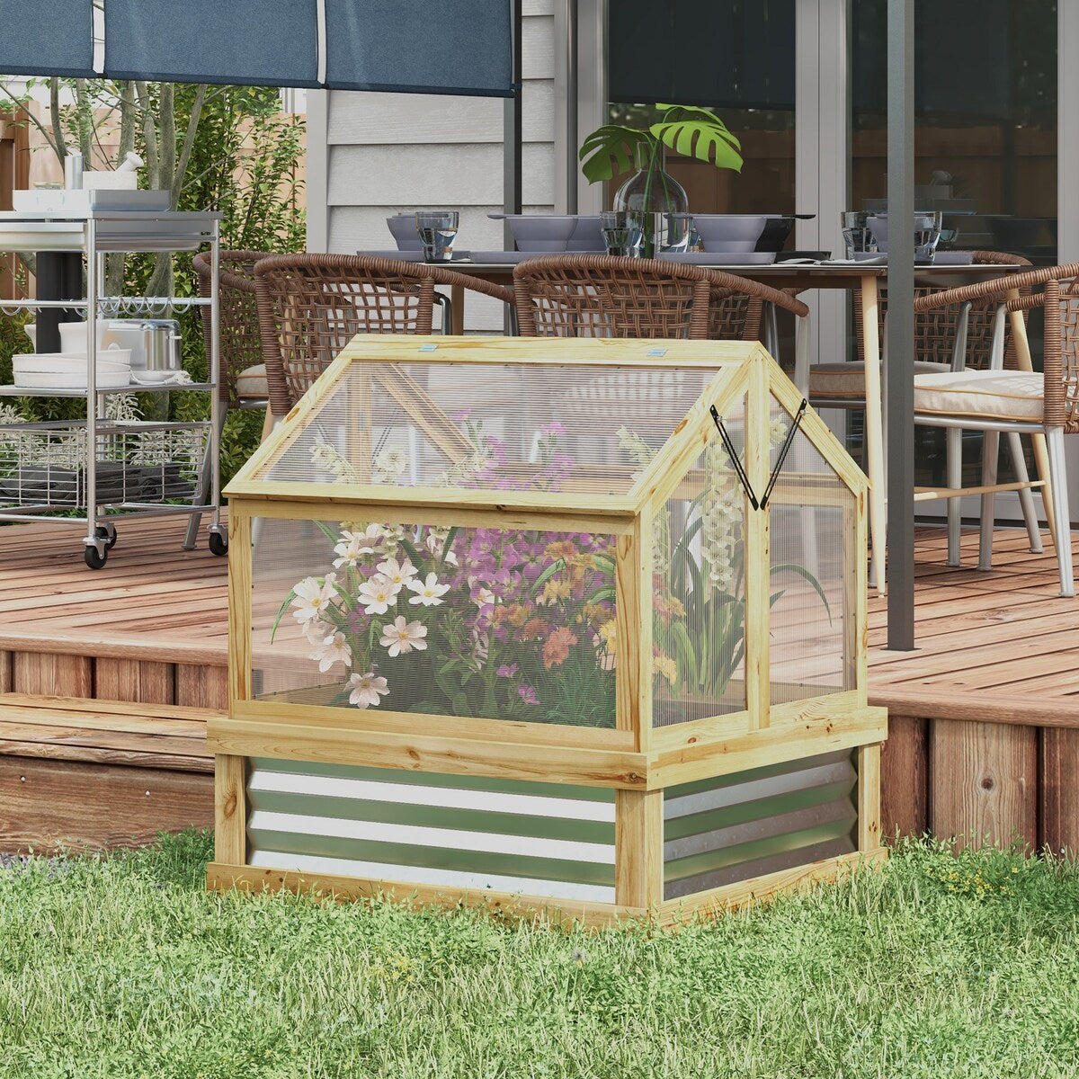 Raised Garden Bed with Polycarbonate Greenhouse,Wooden Cold Frame Flower Planter Protection,Peak Roof,35.5" x 31.5" x 36"