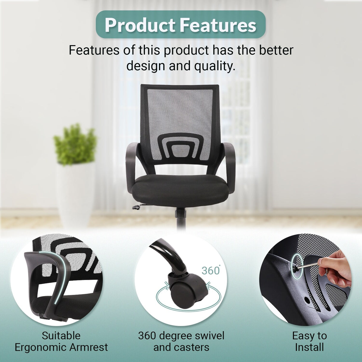 Ralap Modern Black Ergonomic Swivel Office Chair with Mesh Back by Furniture of America