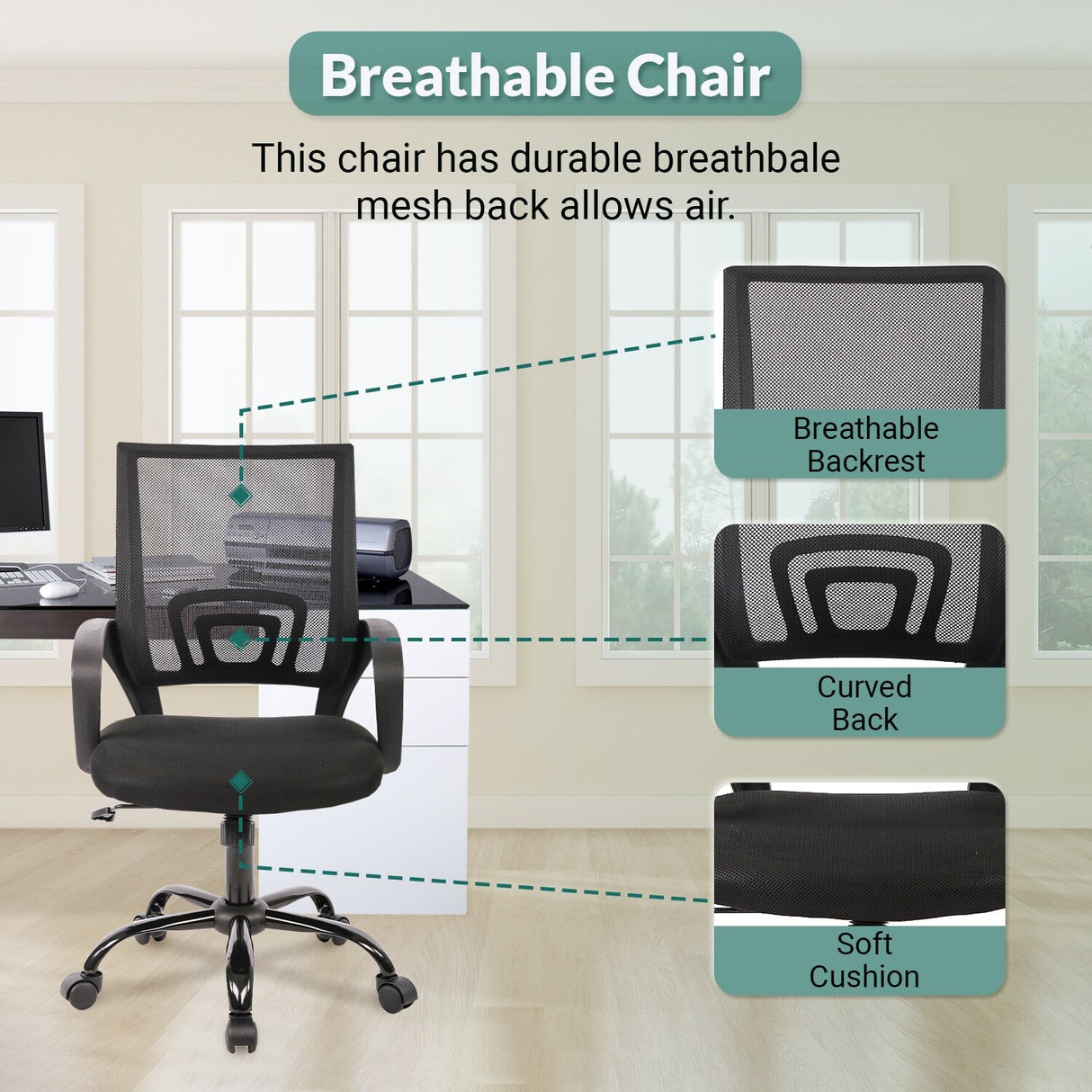 Ralap Modern Black Ergonomic Swivel Office Chair with Mesh Back by Furniture of America