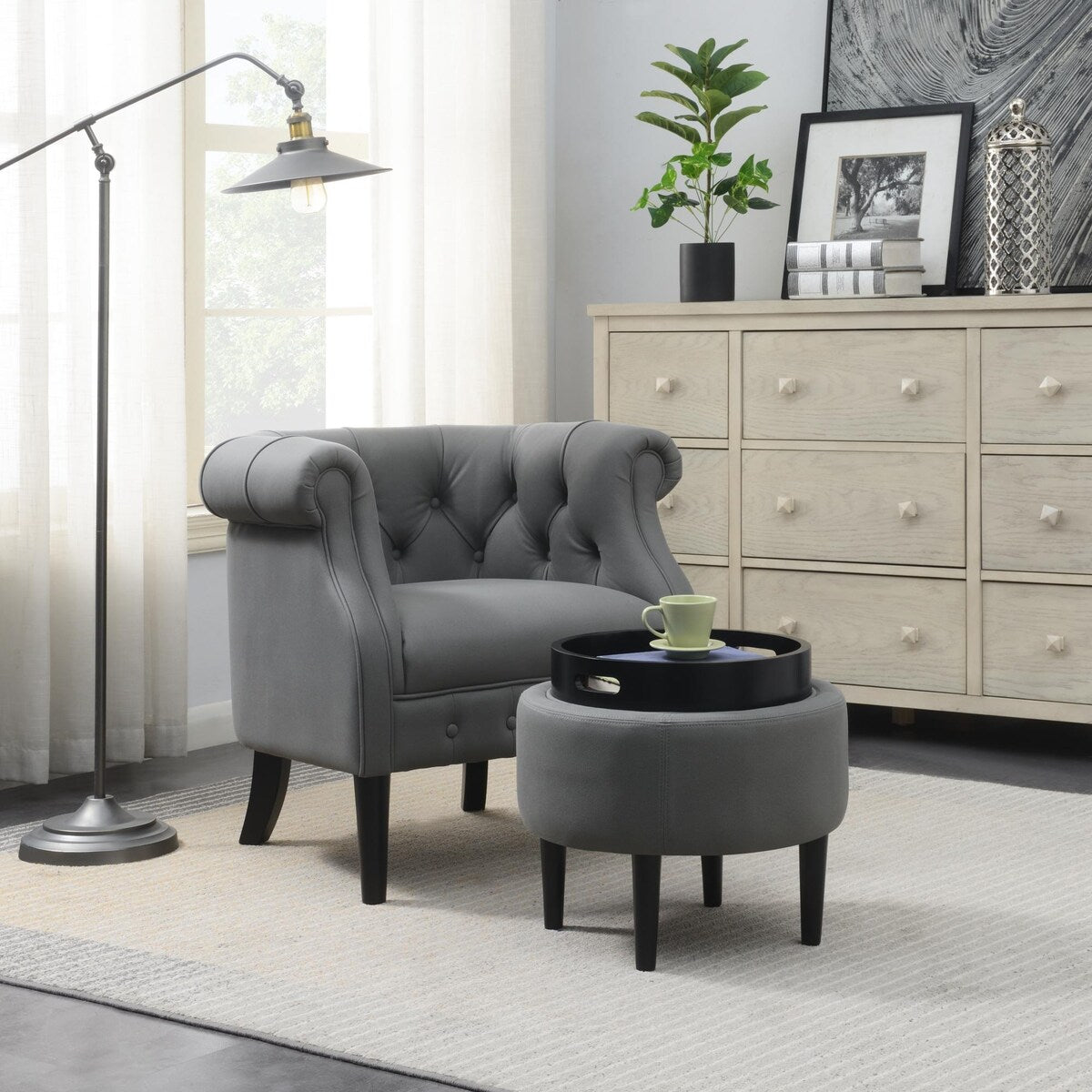 Rasoo American Style Fabric Accent Chair with Storage Ottoman Set and Rubber Wood Legs, Living Room Chair with Nailheads