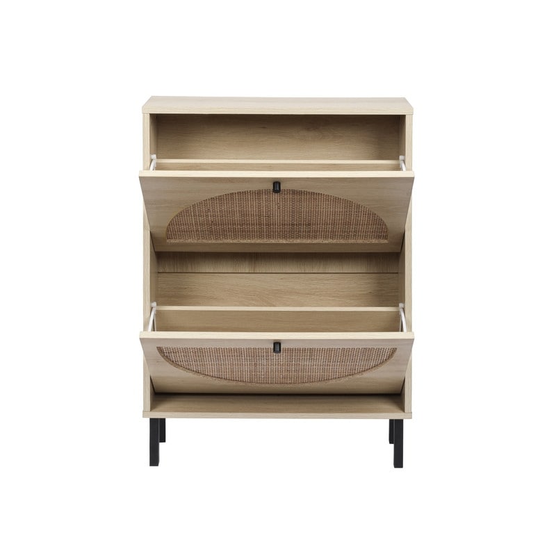 Rattan 2-Drawer Shoe Rack Cabinet,Shoe Storage w/Natural Rattan Flip Doors,Wall Mounted & Free-standing