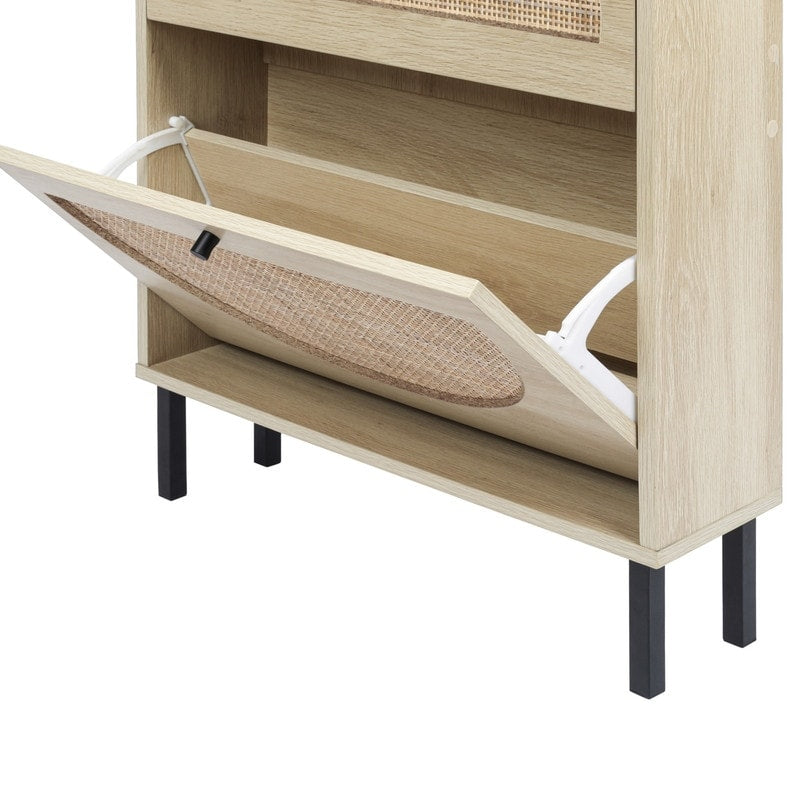 Rattan 2-Drawer Shoe Rack Cabinet,Shoe Storage w/Natural Rattan Flip Doors,Wall Mounted & Free-standing