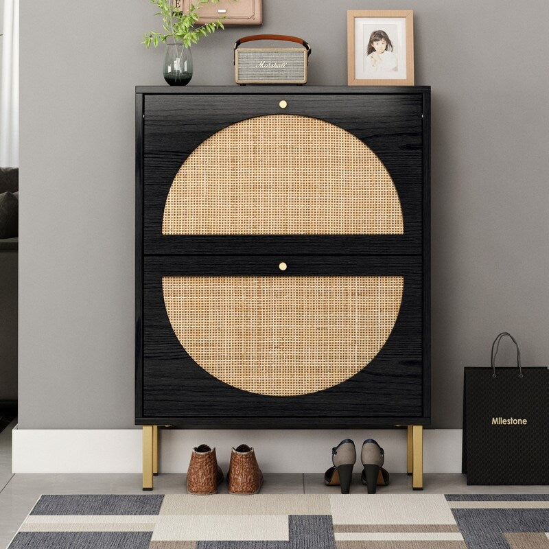 Rattan 2-Drawer Shoe Rack Cabinet,Shoe Storage w/Natural Rattan Flip Doors,Wall Mounted & Free-standing