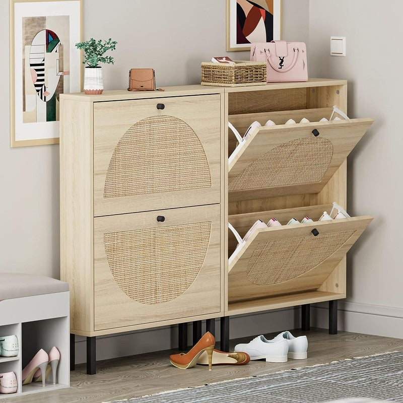 Rattan 2-Drawer Shoe Rack Cabinet,Shoe Storage w/Natural Rattan Flip Doors,Wall Mounted & Free-standing