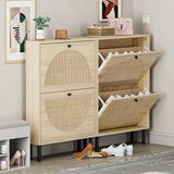 Rattan 2-Drawer Shoe Rack Cabinet,Shoe Storage w/Natural Rattan Flip Doors,Wall Mounted & Free-standing